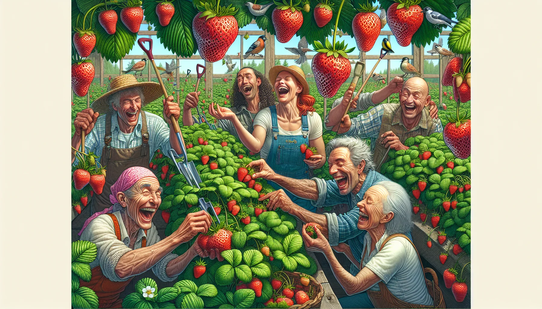 Create a detailed and realistic image that tells a comical story of gardening. Mirror the aspect of strawberries being perennials, indicating that they return year after year. This gardening scene showcases a lush strawberry plant laden with ripe, juicy strawberries. A variety of humans of different genders and descents, in their gardening attire are laughing as they try to reach for the juicy strawberries. They exude enthusiasm and joy, seemingly enchanted by the simple pleasure of gardening. Birds and insects surround them, adding to the humor and lively atmosphere. This engaging scene should evoke a sense of joy and encourage viewers to indulge in gardening activities.