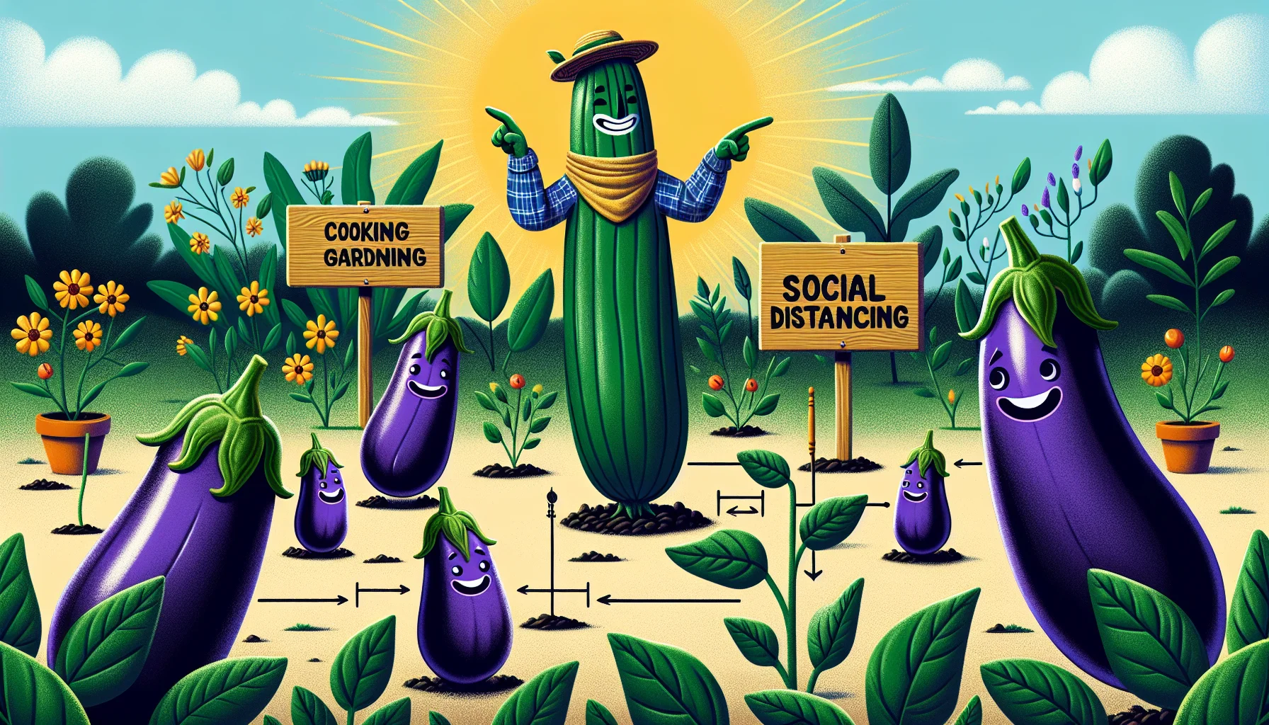 Create a humorously delightful illustration where eggplants have anthropomorphised facial expressions, and they are maintaining social distancing rules similar to humans! In this cooking-garden, a tall, green scarecrow with a playful smile directs the eggplants. Each eggplant varies in size, showcasing the need for different spacing in a real vegetable garden. The garden background is filled with diverse plants appealing to the eyes, nudging people to enjoy the fun of gardening. Remember to make it feel realistic - with sun rays scattering across leaves and soil texture visible to make it compelling.