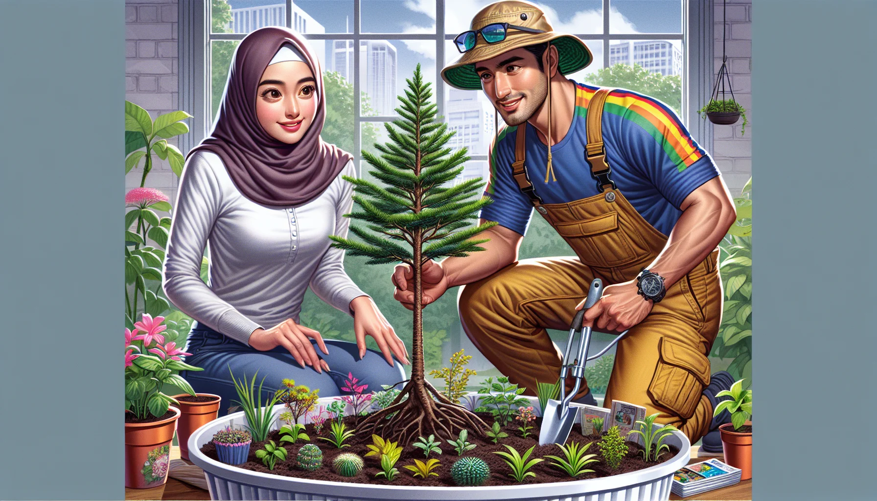 Create a detailed and realistic image representing fun with dish gardening. On the foreground, exhibit an array of visually attractive plants thriving in a dish garden. Add a touch of humour by including a character, a middle eastern woman wearing casual gardening attire, her eyes sparkling with amusement as she watches her South Asian male friend, in a multicolored shirt and cargo pants, trying to plant a plastic tree into the dish. This scene should reflect a spirit of camaraderie, joy, and a shared love for gardening, enticing people to enjoy this activity.