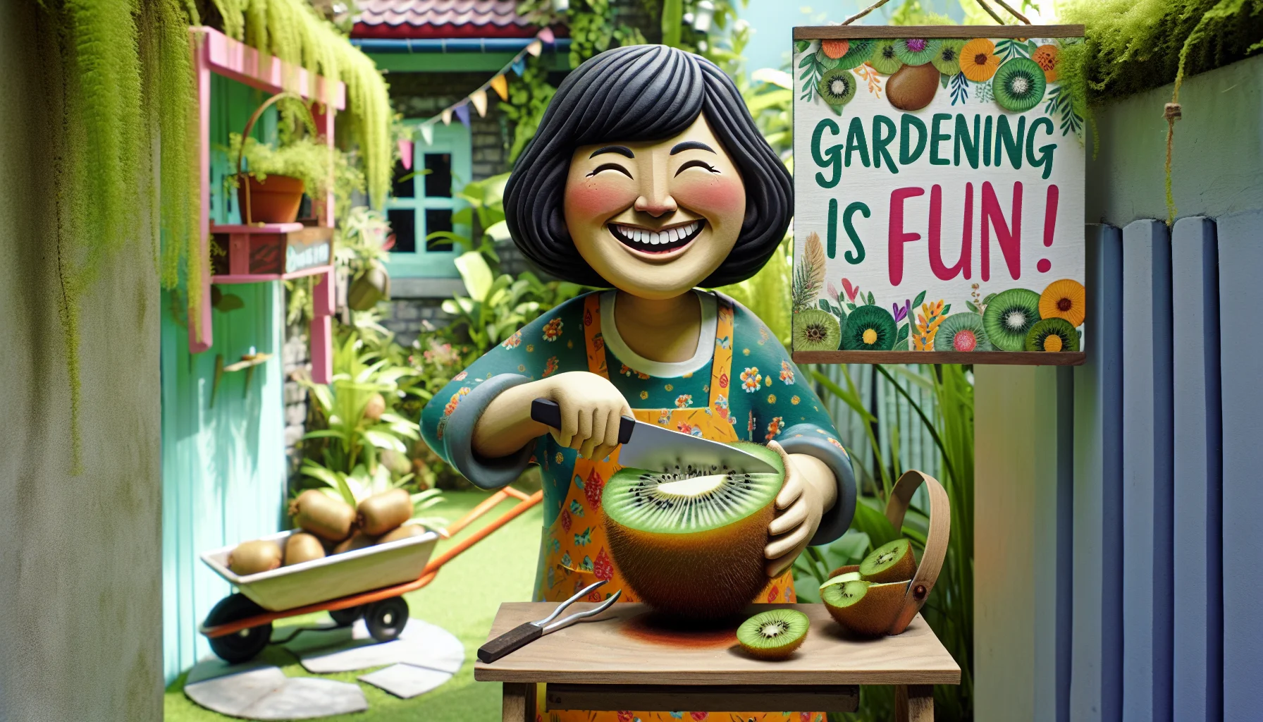 Imagine a light-hearted, whimsical scenario set outdoors in a happy and sunny garden, with a charmingly designed signage that reads 'Gardening is fun'. A ripe kiwi fruit is being sliced open by a friendly, South Asian woman with a big smile on her face. Show her wearing a vibrant apron and holding the kiwi fruit in one hand, with a clean, shining knife in the other. The kiwi fruit is perfectly ripe with a bright green interior, and juicy black seeds encased inside. The surroundings are lush with plants and you can see a small wheelbarrow filled with gardening tools in the background.