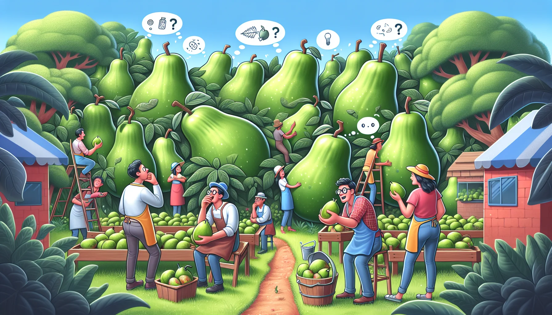 Create an amusing scene highlighting the nutritional benefits of the paw paw fruit. Illustrate a garden filled with paw paw trees, laden with this plump, green fruit. Show a group of people of varying genders and descents engaging in gardening activities, each person holding a paw paw fruit and looking at it with awe and joy. Through these people's expressions and reactions, convey the idea that the paw paw fruit is not just delicious, but surprisingly nutritious. Integrate elements in the image that alludes to the various nutrition benefits like its richness in vitamins and minerals, perhaps through signs, labels, or thought bubbles.