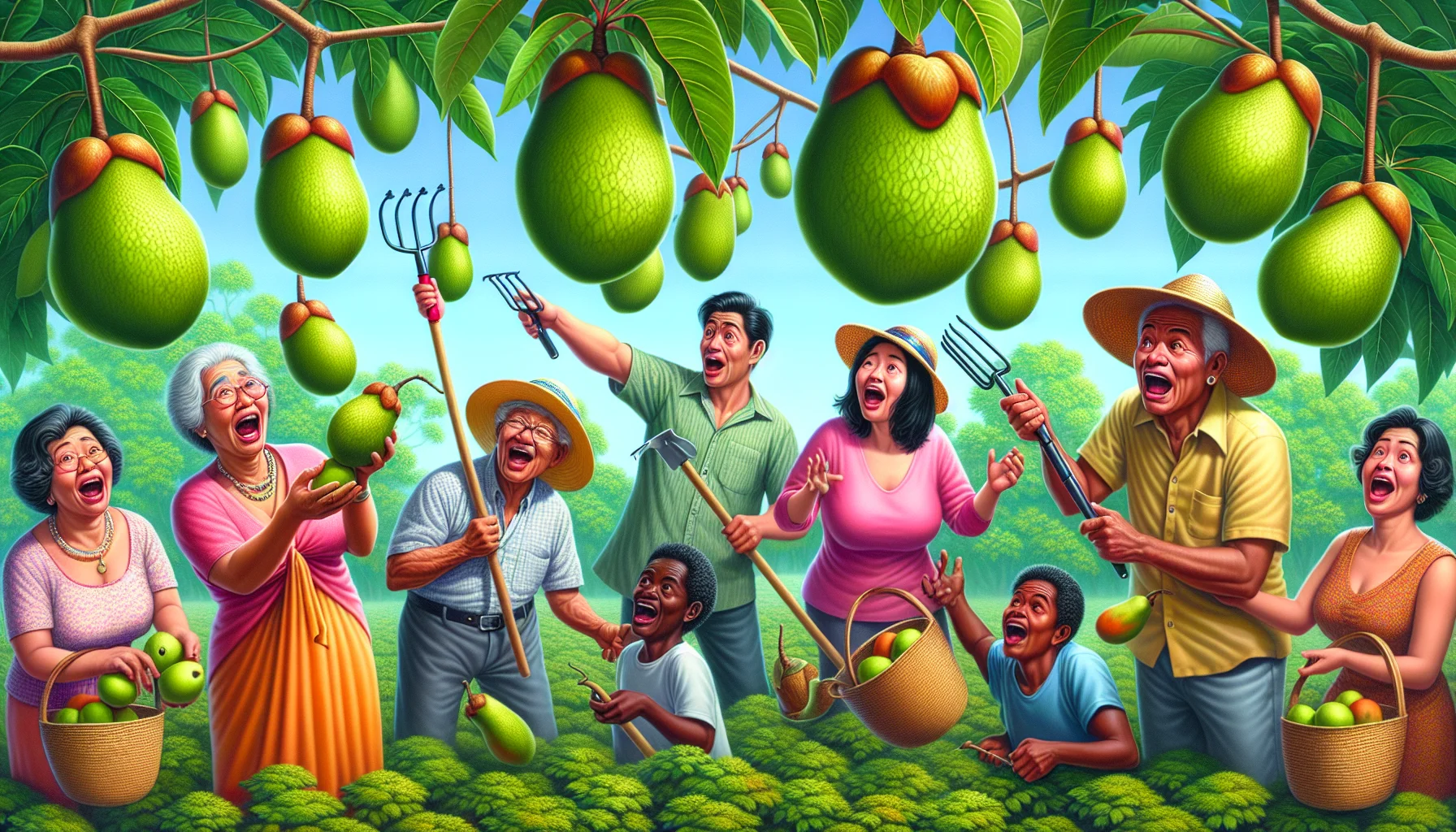 Create a detailed, realistic image depicting a humorous and captivating scene in a vibrant garden. A plethora of Pawpaw fruits, with their green skin and tropical appearance, are shown hanging merrily from lush trees, seemingly dancing in the breeze. Their enticing aroma wafts through the air, drawing the attention of a diverse group of people, including an elderly South Asian woman, a young Caucasian man, a middle-aged Hispanic man, and a Black child with a sunhat. They seem intrigued and drawn by the fruit, each with gardening tools in their hands, ready to partake in the delight of gardening. Their expressions of surprise, intrigue, and excitement are mixed with laughter, promoting the joy and fun of gardening.