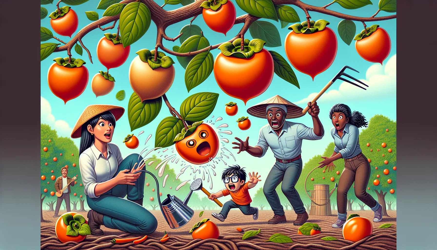 Produce a humorous yet realistic scene centered around gardening, featuring an array of persimmon types for the audience to explore. On one side, visualize a Hachiya persimmon tree with ripe fruit falling off and landing on a Caucasian male gardener's hat. In the middle, a Black female gardener is surprised as a Fuyu persimmon hits her watering can. On the other side, a Middle-Eastern child is happily catching a vibrant American persimmon. Encapsulate the joy of gardening with persimmons in a lighthearted and inviting illustration.