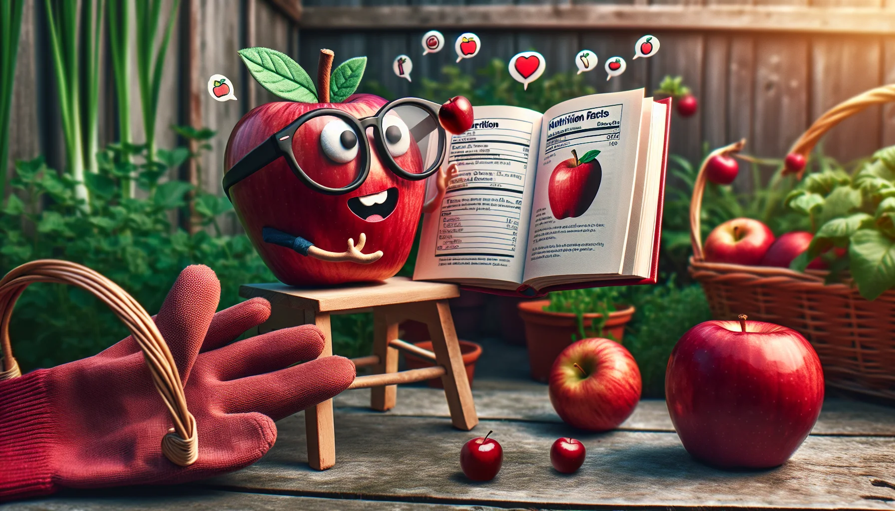 Create a humorously engaging scenario illustrating the nutritional benefits of red apples. Picture this, a head-sized red apple wearing reading glasses and a charming smile, reading a book titled 'The Benefits of Being an Apple'. Drawing from the book, it displays its nutrition facts in the form of cute miniature icons hovering around it. Meanwhile, a gardening glove is seen aspirationally reaching towards it from afar, longing for the vibrant, healthy apple. Sitting on a garden stool, the environment around the apple is filled with lush green vegetation, and a basket full of freshly harvested red apples nearby, encouraging and promoting the delightful hobby of gardening.