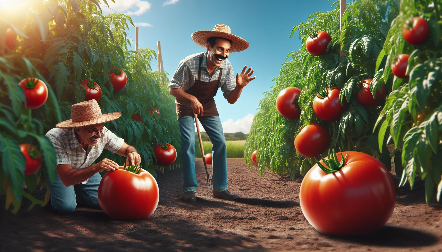 Visualize a humorous scenario revolving around tomato farming. The scene takes place in a sun-bathed garden filled with lush green tomato plants featuring big, juicy red tomatoes. There should be a Hispanic male gardener, with a straw hat and an unfading smile, having light-hearted interactions with the plants, perhaps talking to them or trying to chase a tomato rolling away. The imagery should be enticing and promote the joy of gardening.