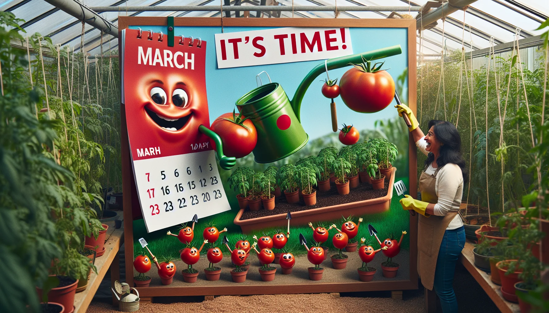 Imagine an amusing scene of an oversized calendar hanging in a lush greenhouse. The month displays March and the 15th is excessively circled with a sparkling red marker. Propped on the corner is a tiny army of tomato seedlings in pots, armed with miniature watering cans and trowels, preparing themselves for their upcoming planting mission. There's a joyful banner floating above them that says 'It's Time!'. A South Asian woman, with a sunny smile and gardening gloves, watches this amusing scene, encouraging viewers to find joy in gardening.
