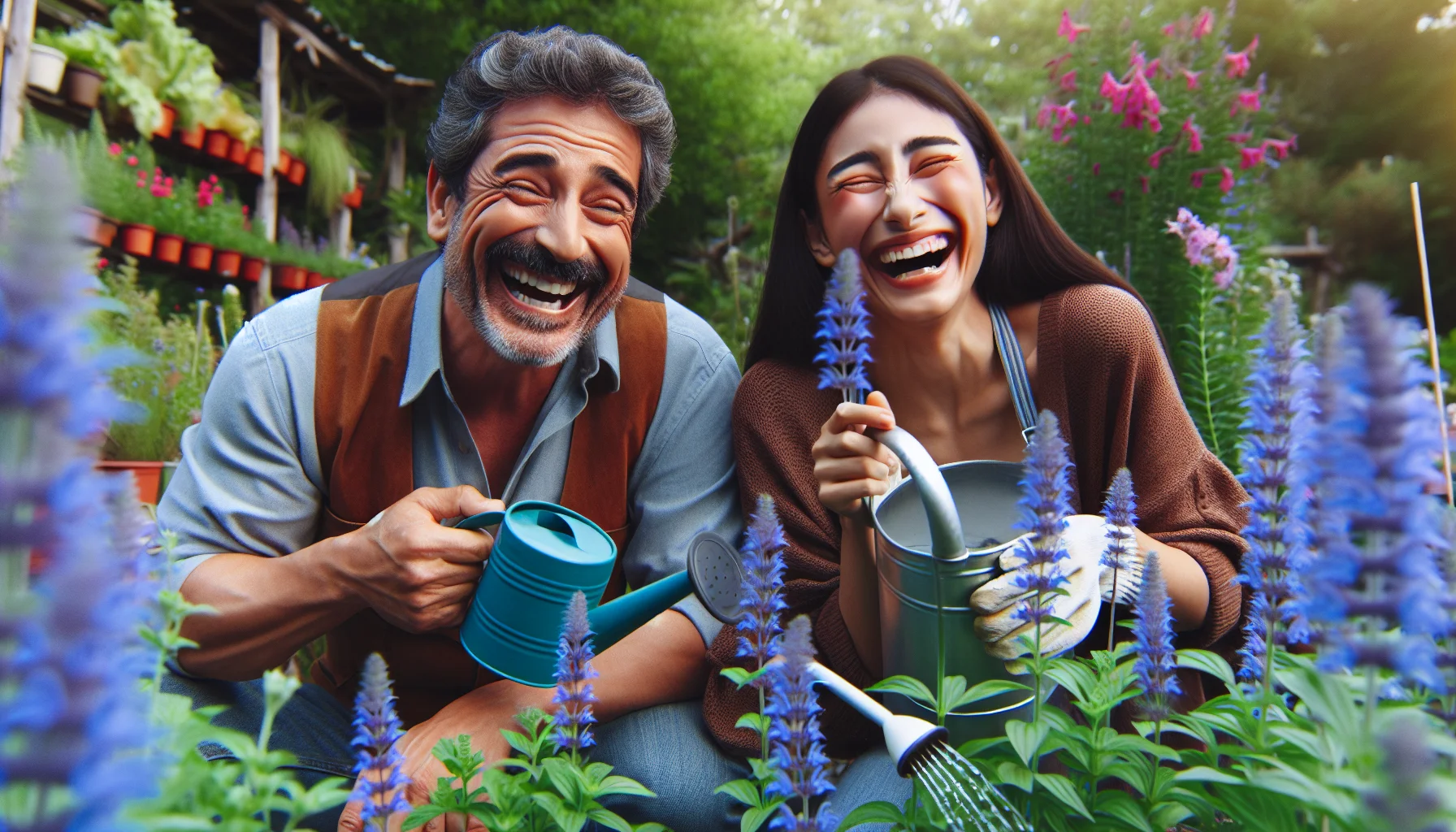 Imagine a humorous scene in a lush garden filled with vibrant, beautiful blue salvia flowers. Prospective gardeners, a middle-aged Hispanic man showing the gentle touch necessary for tending the plants and a young South Asian woman laughing as she waters them too much, are captured in the act of gardening. They are delighting in the unpredictability and adventures that come with taking care of plants. Their faces are beaming with joy and amusement around the salvia, making gardening appear as a heartwarming and fun activity.