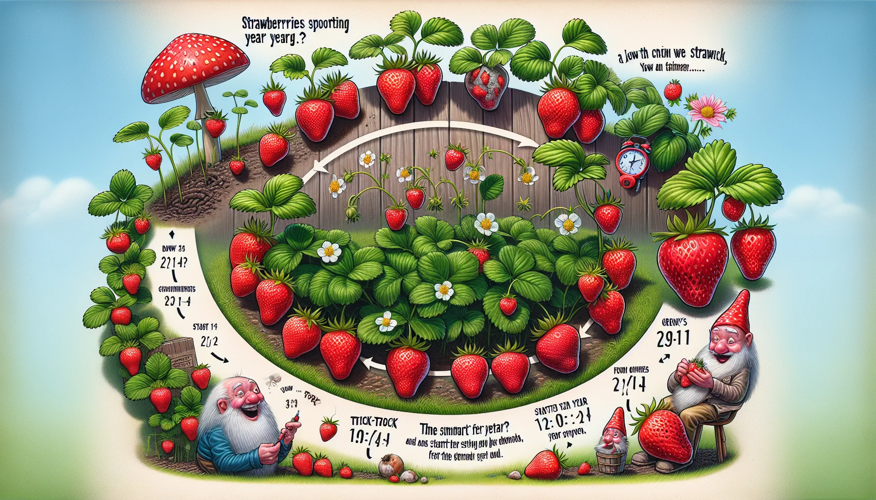 Create a humorous and realistic image that showcases the life cycle of strawberries, returning year after year. In the scene, depict a garden filled with lush, ripe strawberries. There should be a 'tick-tock' style time progression panel illustrating strawberries sprouting, growing, bearing fruit, and starting again the next year. Add whimsical elements like elderberries chuckling at a new strawberry sprouting, or a garden gnome looking surprised when strawberries reappear each year. The aim is to encourage appreciation for gardening and the joys of seasonal produce