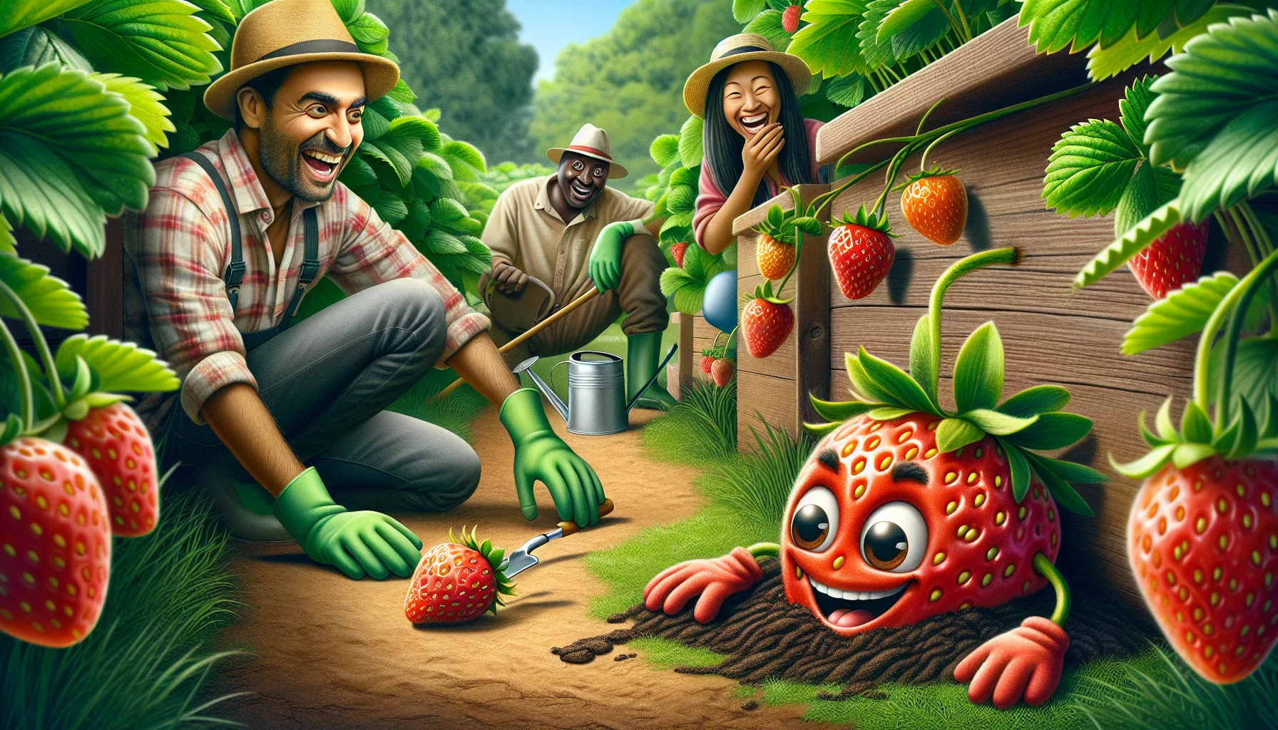 Create a detailed, realistic image of a comical scenario in a lush garden. A tiny, perfectly ripe strawberry with expressive cartoon-like eyes and a mischievous smile, is sneakily sneaking away from a strawberry plant. On the other side, a man of South Asian descent is kneeling on the ground, wearing green gardening gloves, a hat, and a confused expression as he notices the runaway fruit. Nearby, a young woman of Black descent is laughing heartily, holding a watering can. Their enjoyment and unexpected surprise illustrate the joys of gardening.