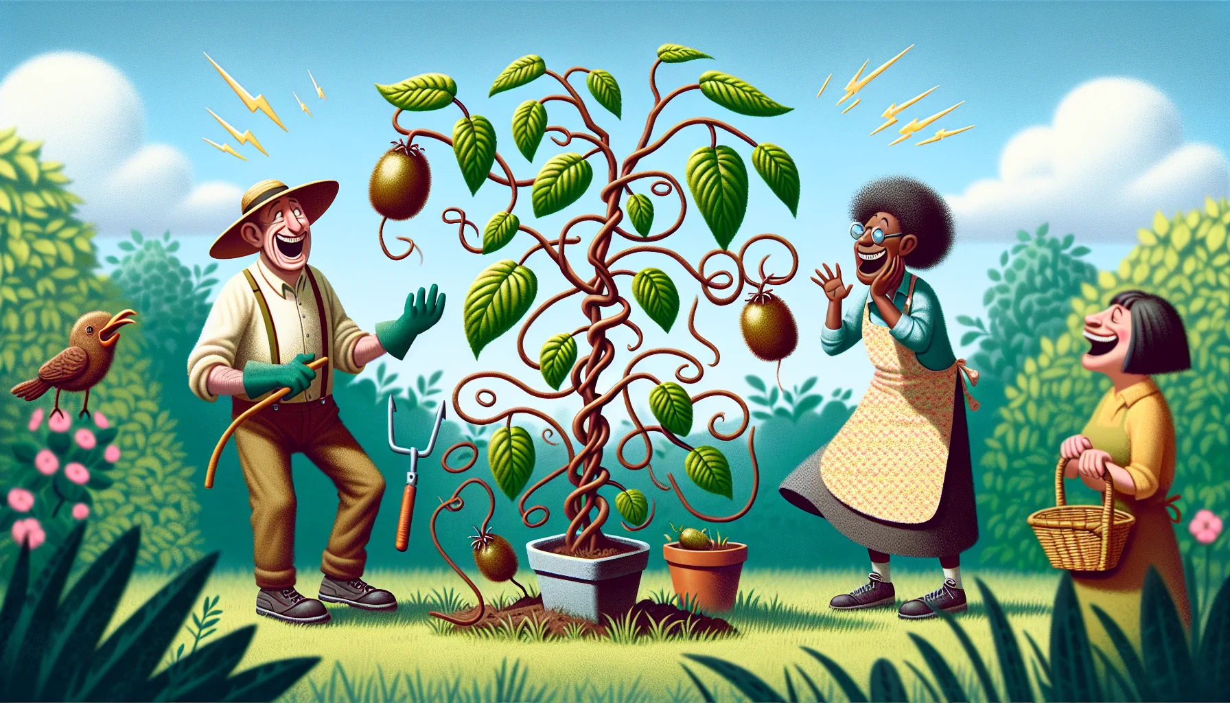 Depict a humorous scene in a garden setting where Actinidia Chinensis, also known as the kiwi plant, seems to be engaging in playful behaviors. The kiwi plant could be twisting its vines in dance-like movements, or perhaps its fruits are jumping up and down on their branches. Nearby, a Caucasian man in his 40s with a sun hat and gardening gloves and a Black woman in her 30s with a ponytail and an apron are laughing and enjoying this whimsical display, encouraging onlookers to perceive gardening as a delightful activity.