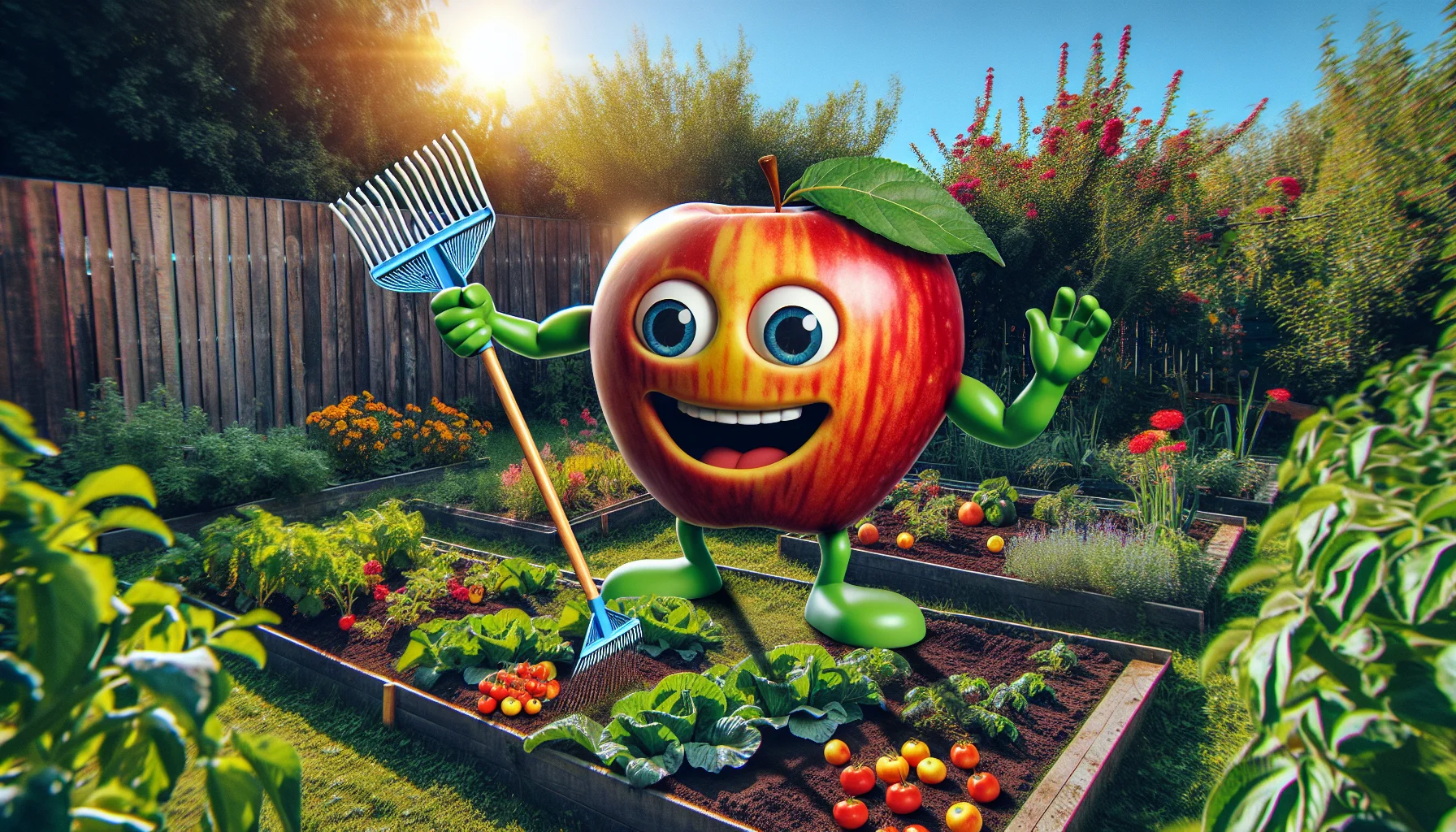Generate a realistic image depicting a hilarious scene. An oversized, cartoonish, apple emoji has come to life and is positioned in the midst of a lush, healthy vegetable garden. It's wildly waving a garden rake, beckoning the viewers into its world of fun gardening. The background juxtaposes the animated apple emoji with a splay of colorful, ripening vegetables, blooming flowers, and the sun shining brightly overhead, casting a warm glow over the garden. The playful and vibrant nature of this image is supposed to entice viewers into the joys of gardening.