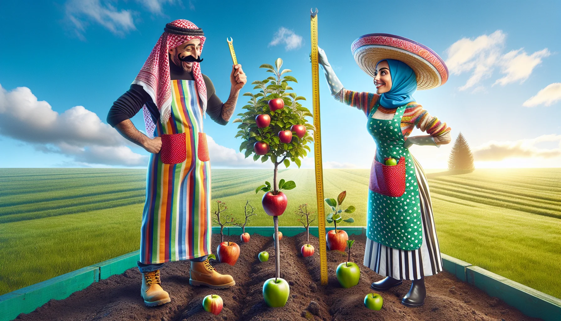 Create a humorous and realistic image showing the progress of an Apple Tree's growth. The scenario at hand involves a Middle-Eastern woman and a Hispanic man who are both gardening enthusiasts, enthusiastically competing to see whose sapling can grow the fastest. They can be seen standing beside their saplings with rulers in hand, measuring the height. They're wearing colorful gardening attire with mismatched combinations and silly hats, which accentuates the humor. The backdrop comprises a sunny day and a bright blue sky, reflecting a perfect day for gardening. The image should aim to convey a sense of enjoyment and connection with nature.