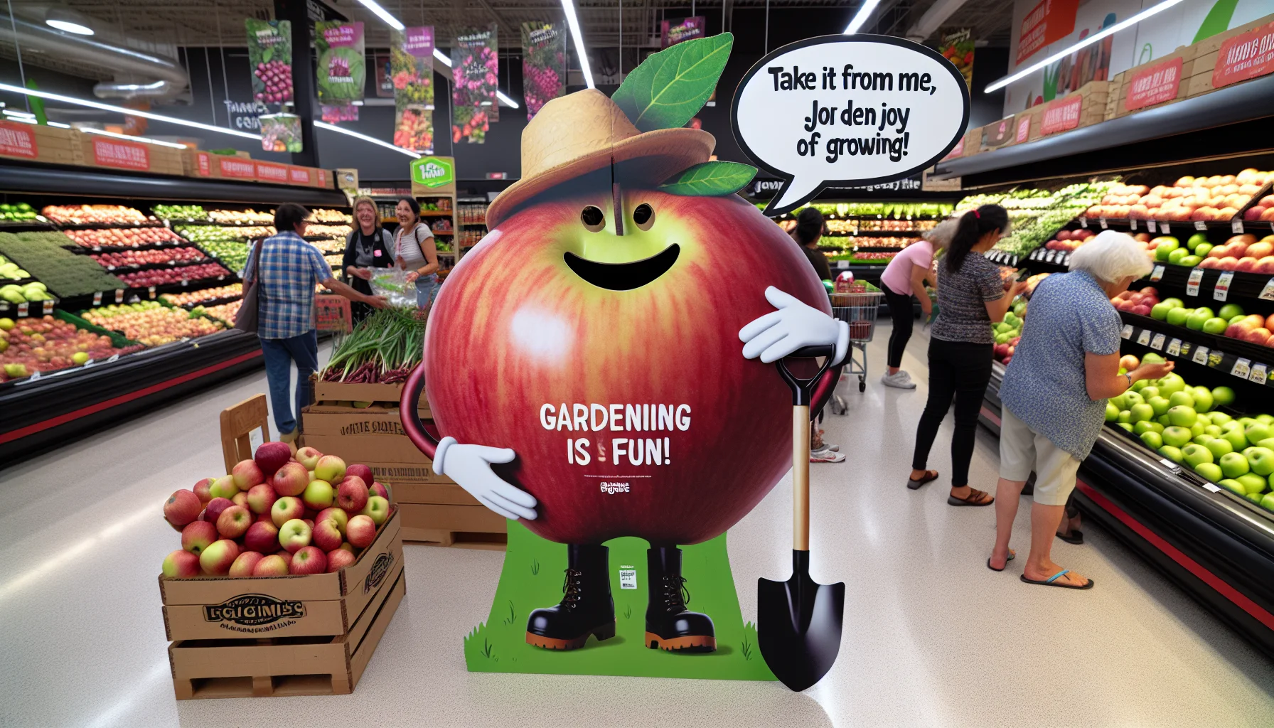 Imagine a humorous scenario set in a grocery store's fresh produce section. Focus primarily on the apple displays. Apples of different varieties and colors are stacked neatly, shining under the store's lights. Now picture a life-sized cutout standee of an apple with arms and legs, donning a gardener's hat, gloves, and a small shovel playfully hanging at its side. It holds a sign saying 'Take it from me, gardening is fun! Join the joy of growing!'. Around the standee, you see customers of diverse genders and descents, all sharing a good laugh and showing interest in gardening.