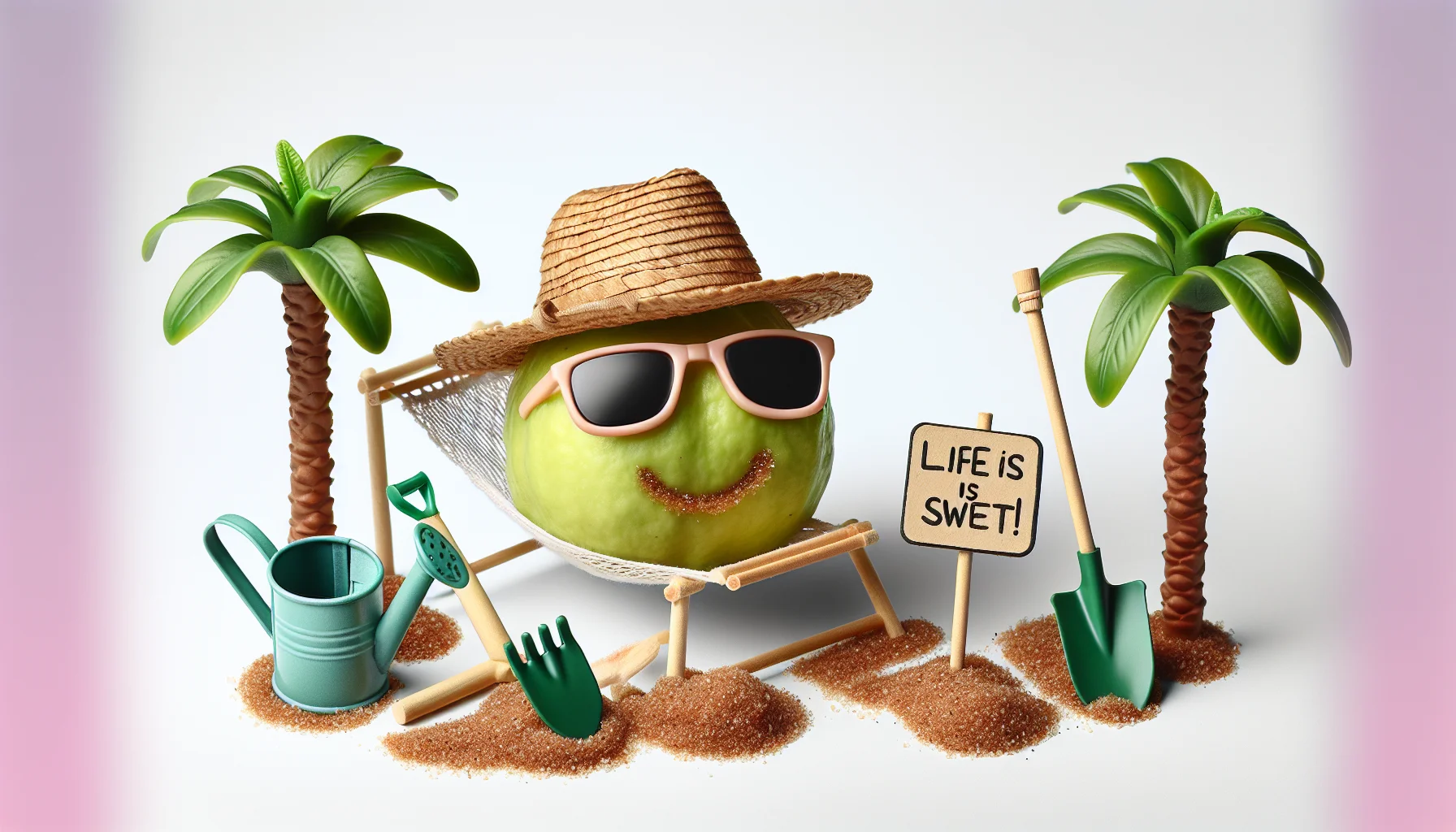 Create a delightful image that portrays an Asian guava fruit in a comical situation. Imagine the guava wearing a pair of sunglasses and a sun hat, lounging on a small hammock between two miniature tropical palm trees. Nearby, include a shovel and a watering can to highlight the theme of gardening. For comedic effect, add a small signboard nearby the guava that reads, 'Life is sweet!' To make it realistic, capture the texture and colors of the guava fruit and gardening tools accurately.