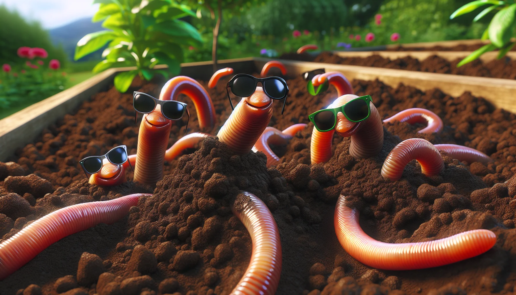 Generate a photorealistic image depicting an amusing scenario in a garden. The scene features several mischievous worms playfully making their way through the rich, nutritious garden soil. These worms, being cheekily represented as 'bad', don a pair of sunglasses, showcasing their playful nature. Their adventures in the garden are intended to spark a sense of joy and intrigue, encouraging viewers to partake in the therapeutic activity of gardening.