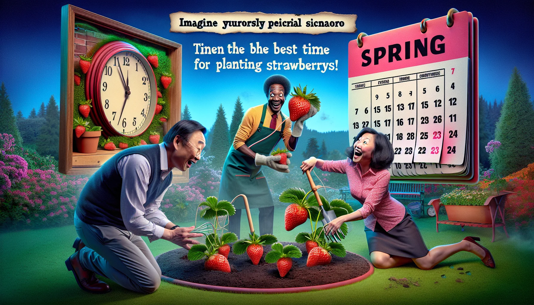 Imagine a humorously peculiar scenario representing the best time for planting strawberries. Set in a vibrant garden at dusk, where the climate looks charmingly ideal. A middle-aged Asian male is planting strawberry seedlings, mildly surprised when the plants immediately sprout juicy strawberries. Nearby, a tickled African-American lady is using an oversized vintage wall-clock to make sure it's the 'strawberry time'. A visibly laughing South Asian child appears to engage in a playful tug-of-war with an animated calendar indicating spring, the prime planting season. This eclectic scene exudes fun and encourages everyone to love gardening.