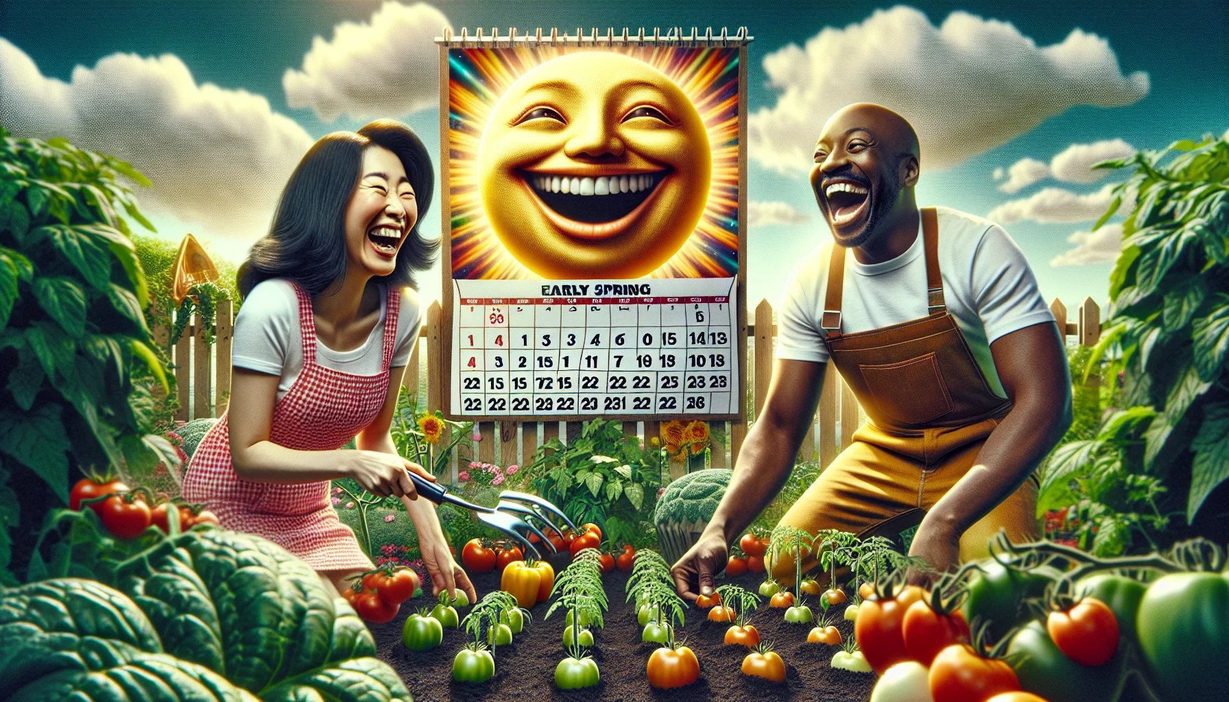 A humorous and realistic montage depicting the ideal time to plant tomatoes. In the foreground, a South Asian woman and a Black man laugh heartily as they plant tomato seedlings in a lusciously verdant garden. Behind them, a large illustrated calendar hangs on the garden fence, proudly revealing that it's early Spring - the best time to plant tomatoes. The sun, anthropomorphized with a grinning face, playfully peeks out from behind the clouds, casting soft, glowing light on the scene. The energetic vibe of the scene encourages the viewers to participate and cultivate the joy of gardening.