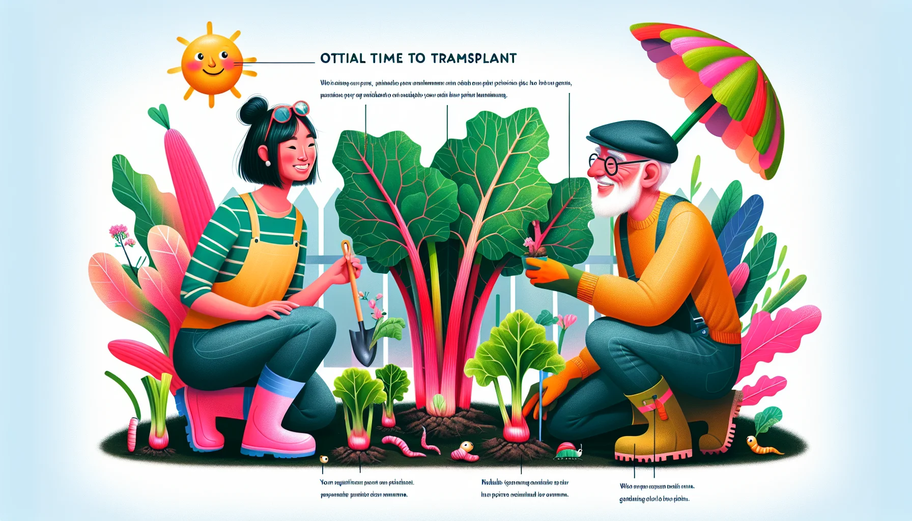Present a whimsical, realistic scenario that illustrates the optimal time to transplant a rhubarb plant. Show two people engaging in the activity, a young South Asian woman with a bright, genuine smile and a grizzled but cheerful elderly Caucasian man, both wearing quirky, brightly colored gardening gear. Emphasize colorful rhubarb plants in various stages of growth. Include small visual elements that add humor without distracting from the central activity, such as a sun wearing sunglasses in the sky, earthworms with tiny hats, or a mischievous squirrel with an upside-down rhubarb leaf as an umbrella. Setting ought to be a lush backyard garden brimming with life to encourage the joys of gardening.