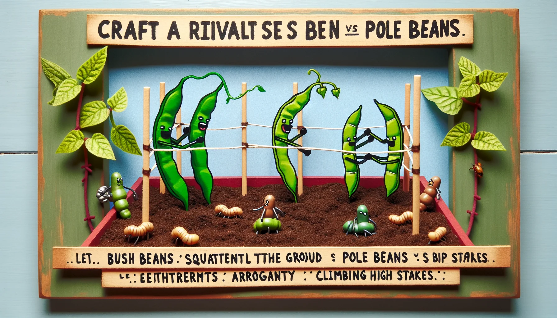 Craft a humorous scene showing the rivalry between bush beans and pole beans. This unique garden setting should prominently feature bush beans squatting low to the ground and pole beans arrogantly climbing high stakes, perhaps participating in a friendly sports competition. There could be earthworms as spectators and insects as cheerleaders, heightening the fun aspect of the gardening world. Let the vibrant colors of green from the plants and brown from the soil spread across the scene, stimulating curiosity and interest in gardening.