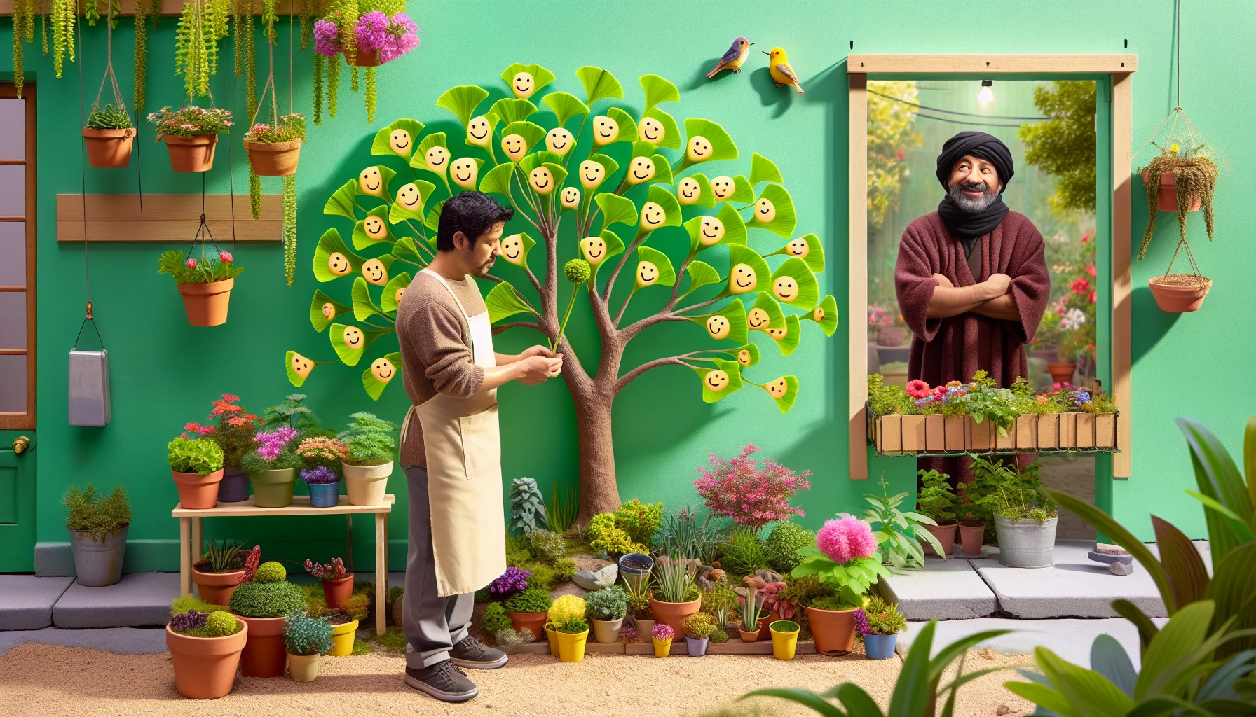 Craft a humorous and enticing real-world scenario featuring a dedicated Hispanic female gardener and a Middle-Eastern male passerby. The woman is carefully tending to a ginkgo biloba tree in her lush garden setting filled with colorful variety of plants. The passerby watches in fascination as the leaves of the ginkgo biloba tree magically turn into small smiling faces, coaxing an unexpected laugh from him. This whimsical scene is designed to evoke a desire for gardening and the joy it brings.