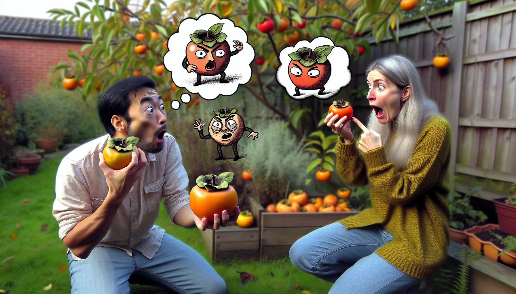 Generate a humorous image set in an outdoors garden scene. In the center are two animated characters with exaggerated facial expressions, one is a South Asian male holding a ripe persimmon fruit and the other is a Caucasian female pointing towards the persimmon with a suggestive grin. The male is shown hesitantly taking a small bite of the unpeeled persimmon while the female has a thought bubble appearing above her head with a sketch of a peeled and an unpeeled persimmon to show the contrast. The garden around them is lush and vibrant, filled with various fruit-bearing trees to evoke a sense of joy in gardening.