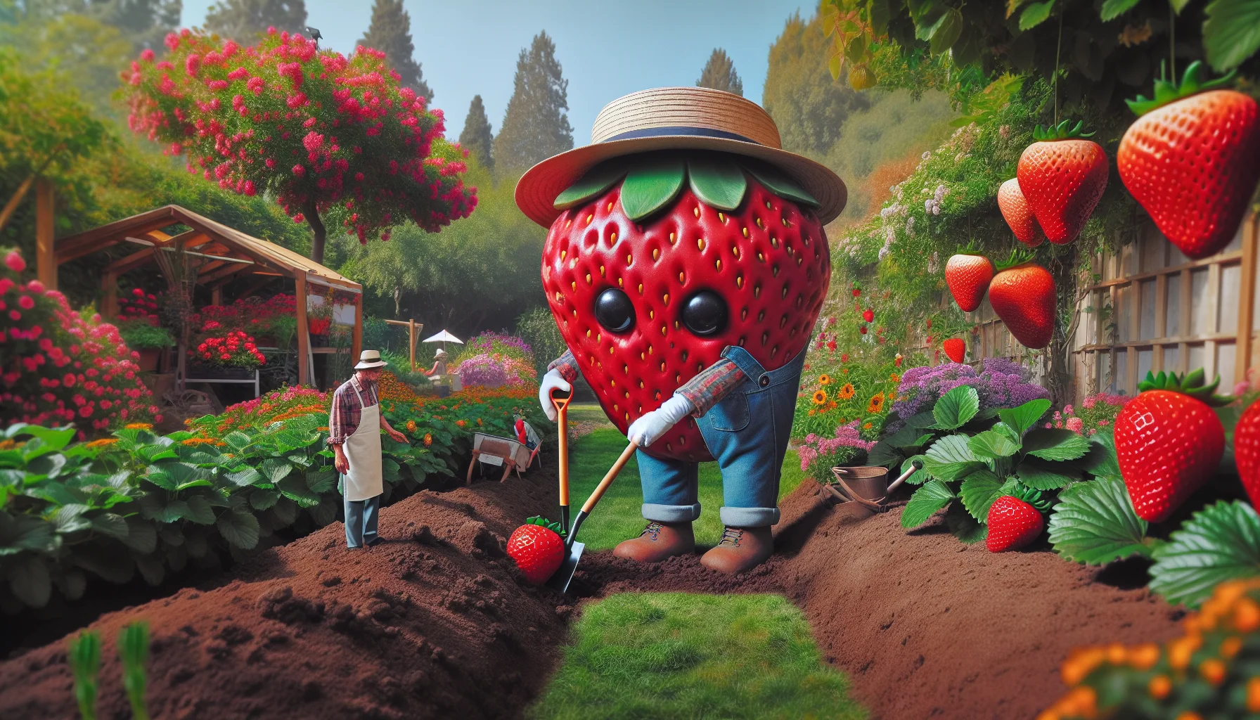 Generate a humorous, realistic image of a gardening scene. In the middle of a well-tended garden, a giant strawberry with bright red color is humorously using a small spade to plant a miniature human figure, who wears a wide-brimmed hat and overalls to appear like a classic gardener. The scene is filled with lush greenery, colorful flowers and ripe fruits hanging on trees, making the entire scenario inviting and encouraging people to find joy and laughter in gardening.