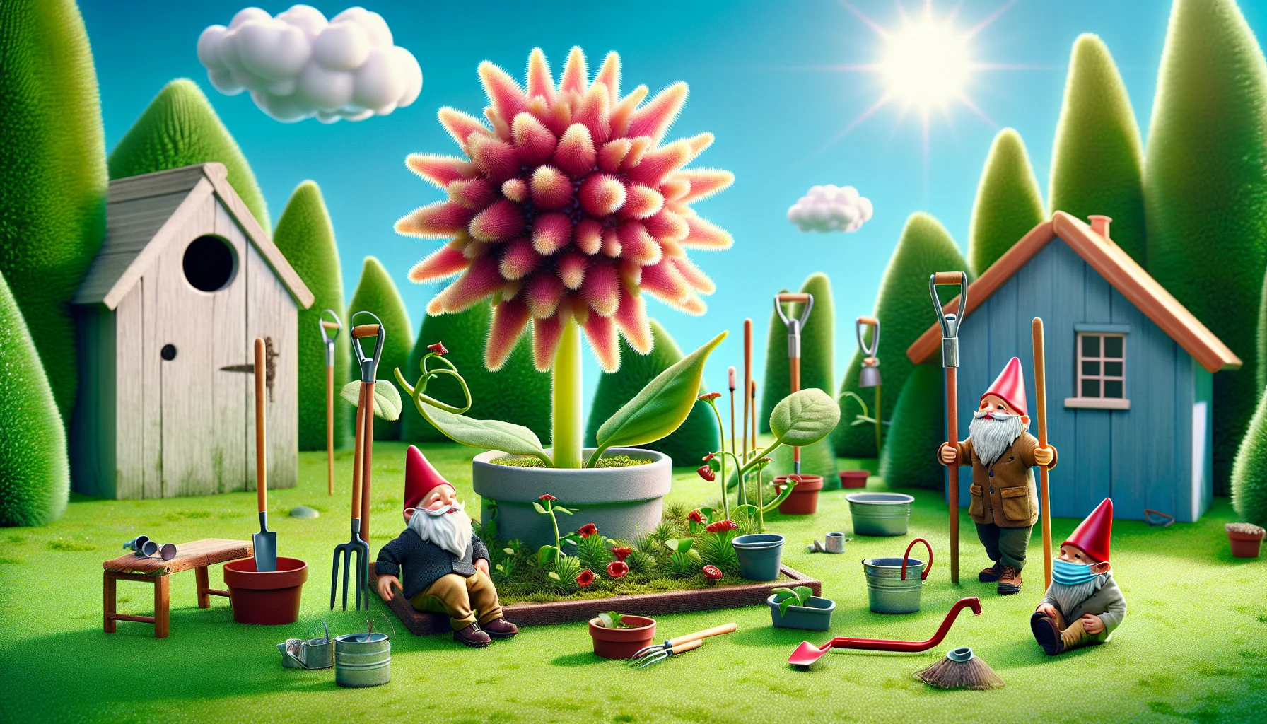 Generate a highly realistic image showcasing a chlamydia flower in an amusing scenario. The flower is placed in a quirky, miniature set that resembles a full-scale garden, complete with tiny garden tools, plant pots, and a birdhouse. The backdrop is bright and sunny, perhaps with a few fluffy white clouds to set a charming atmosphere. A couple of garden gnomes, one male, one female, are also in the scene. The male gnome is Hispanic and the female gnome is Middle Eastern. They are both laughing and appear to be enjoying their gardening tasks, inviting people to bask in the joy of gardening.