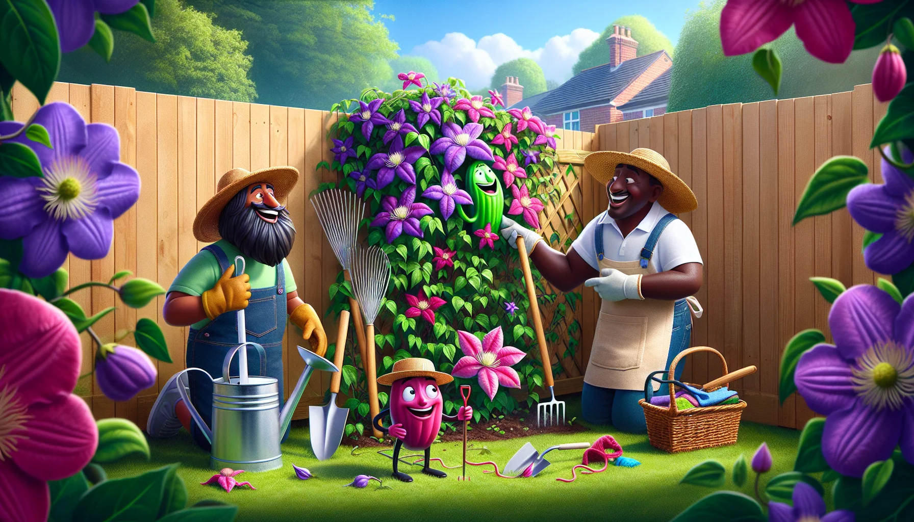 Show a whimsical scene engaging the viewer with the joy of gardening. In a suburban backyard, a robust clematis vine unfolds its vibrant purple and pink flowers, sprawling over a carefully manicured wooden fence. The air is filled with a soft fragrance. Lively, anthropomorphized garden tools: a rake, a watering can, and a trowel, are seen tending to the vine, adorning straw hats and bandanas. They enthusiastically encourage a South Asian woman and a Black man, who are portrayed expressively laughing, enchanted by the playful scenario and clearly captivated by the gardening process.