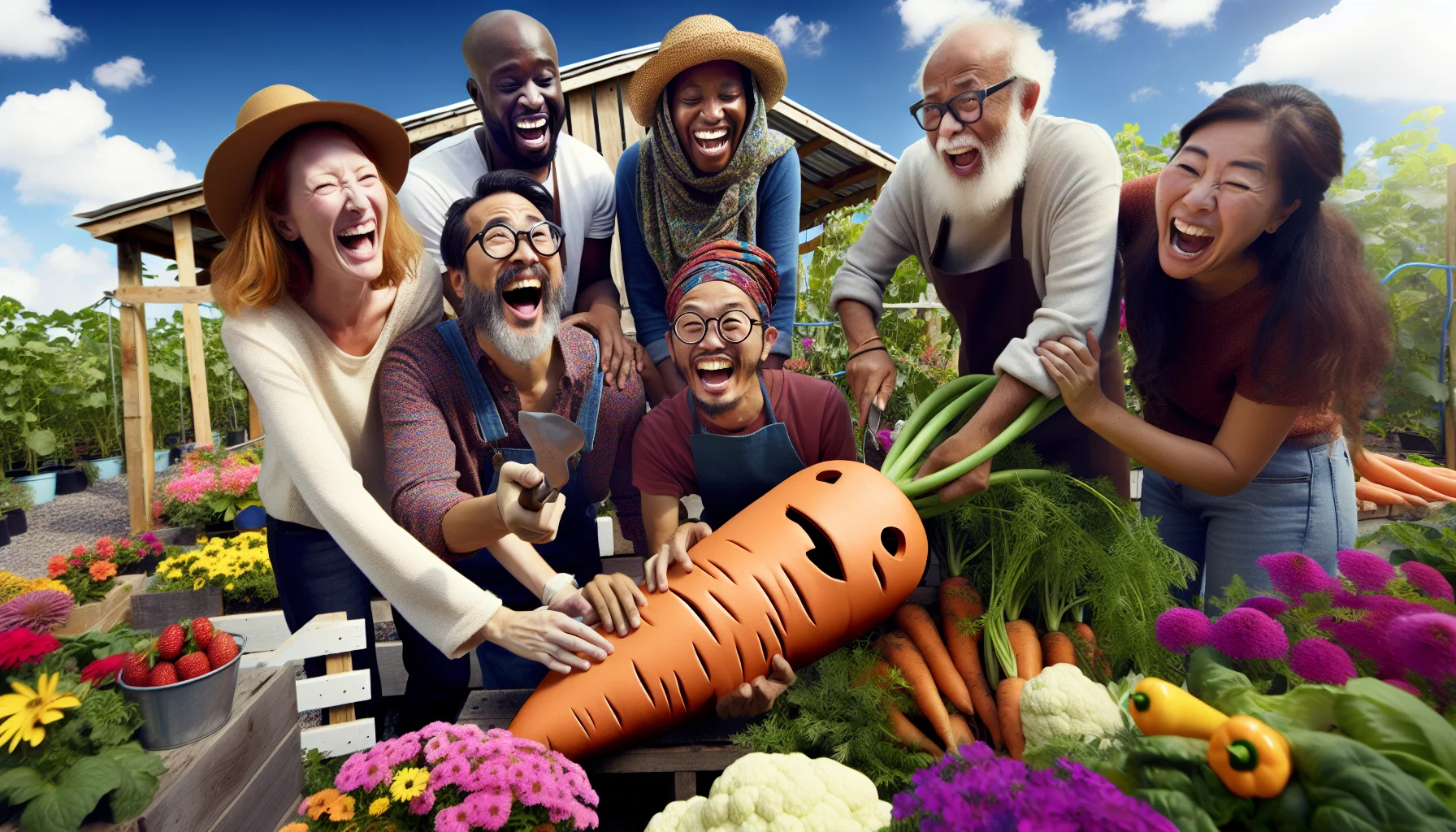 Create an entertaining and colorful image of a community garden design, humming with vibrant flowers and fresh vegetables. Picture a comical situation where a group of people from diverse backgrounds, including an East Asian woman, a Black man, a Caucasian elderly man, and a Middle-Eastern teenager are cheerfully engaged in gardening. They are trying to carve a giant carrot into a funny sculpture and laughing heartily, thereby enticing others to get involved in and enjoy the gardening experience.
