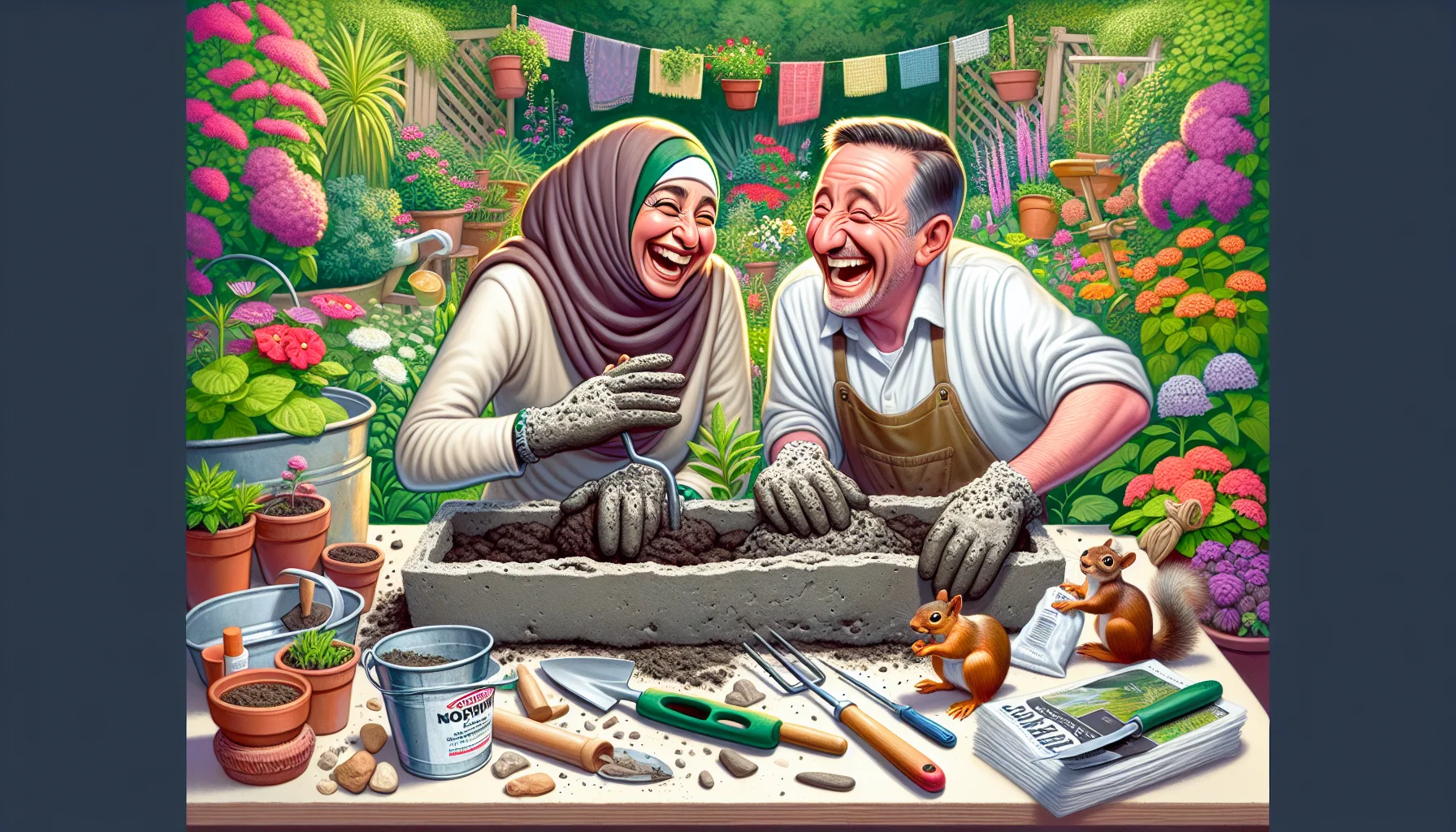 Depict a humorous scene of a Middle-Eastern woman and a Caucasian man, both laughing and enjoying the process of crafting a Hypertufa Trough. They are in a lush garden surrounded by a variety of colorful plants and flowers. Their gardening tools, like trowels, gloves, watering cans, are scattered about in a charmingly disorganized fashion. The Hypertufa Trough they are creating is mid-process, with materials like peat moss and Portland cement visible. Perhaps, a curious squirrel is trying to 'help,' adding to the comedy of the scenario. The aim is to capture the joy and fun of garden crafting and to inspire people to join in this hobby.