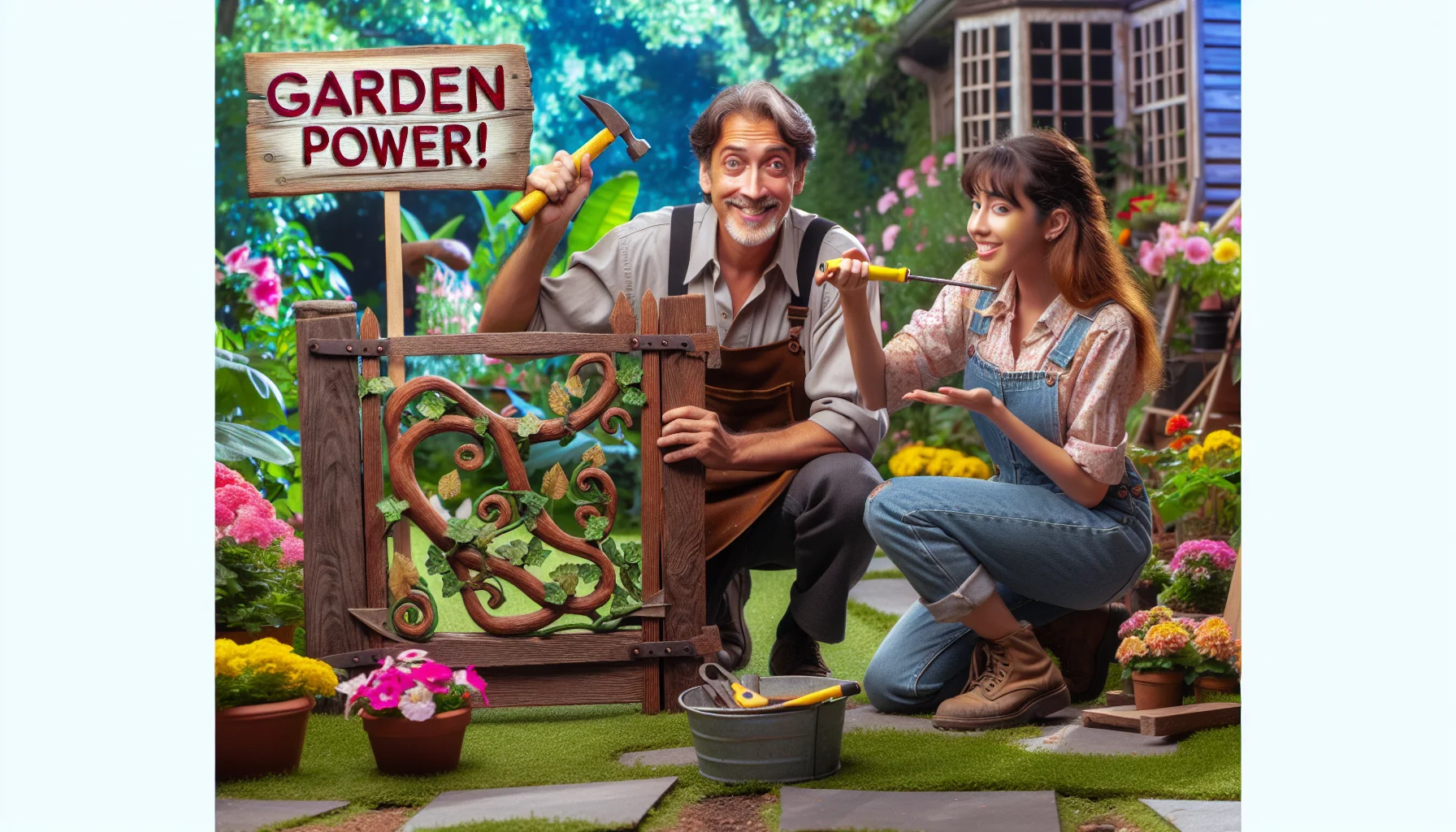 Create an amusing scene showcasing a middle-aged Caucasian man and a young Hispanic woman engaging in gardening activities. The man is enthusiastically crafting a charming wooden garden gate, complete with intricate vine-like carvings and a vintage rusted handle, using traditional woodworking tools. The woman is encouraging the man by cheering him on, holding a colorful sign that humorously says 'Garden Power!'. Surrounding them is a vibrant garden filled with blooming flowers and lush greenery. The scenario should not only focus on the crafting of the wooden gate but also emphasize the joy of gardening in a light-hearted manner.