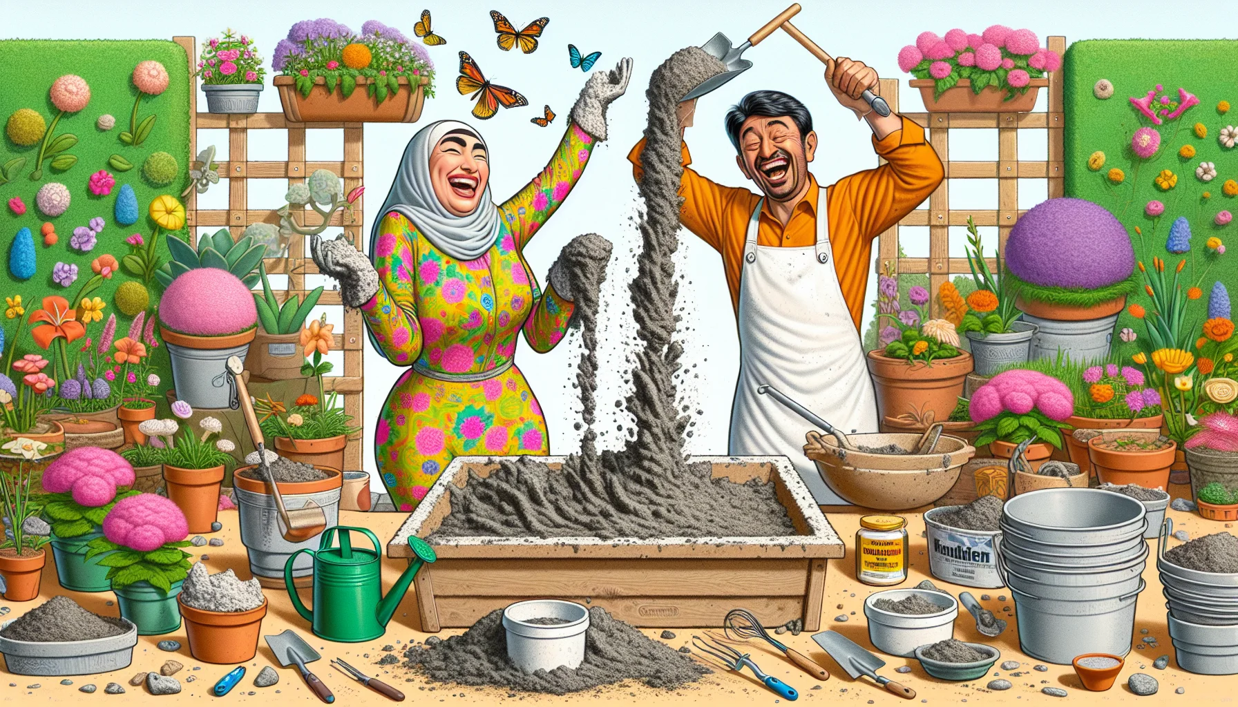 Visualize a hilarious yet engaging scene centred around making Hypertufa troughs. Picture a cheerful Middle-Eastern woman and a jovial South Asian man, each suited up in vibrant gardening attire, enthusiastically immersed in the process. The mix of peat moss, perlite, and Portland cement spills comedically, creating comical shapes and forms instead of the desired troughs. Pots and gardening tools are scattered around in a chaotic yet charming arrangement. Butterflies flit around, flowers bloom in the background, and birds are singing on the branches, emphasizing the joy of gardening.