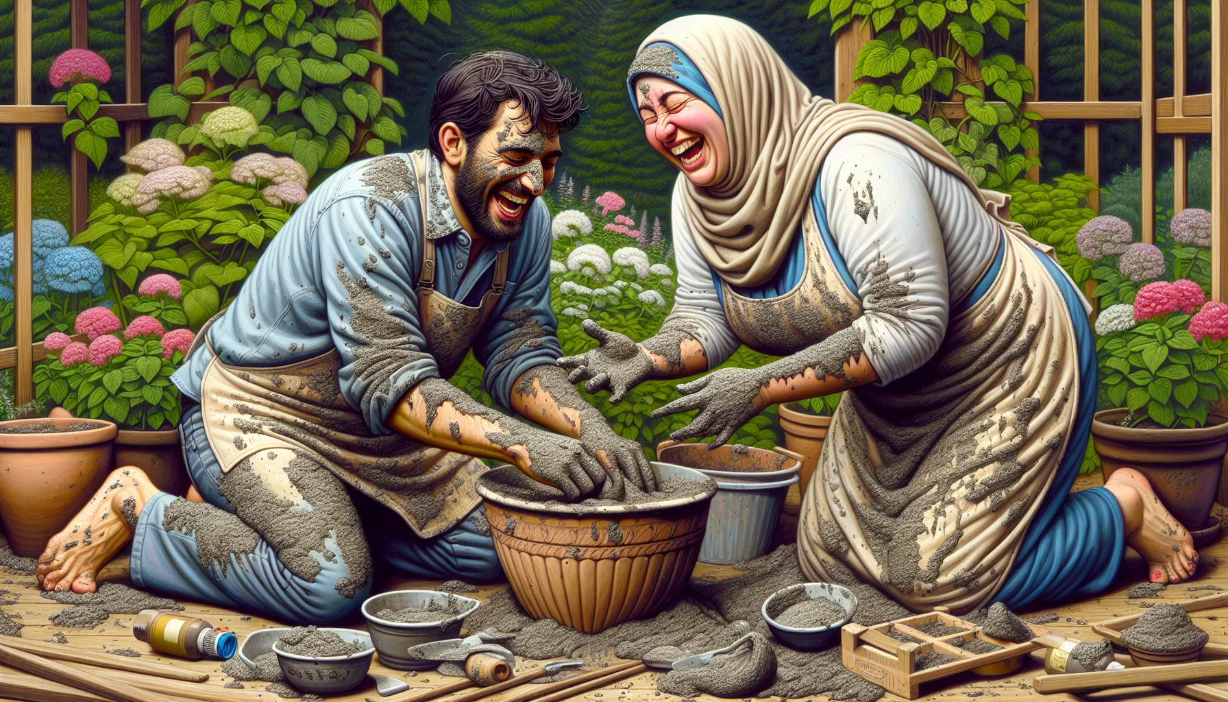 Detailed scene of a humorous horticultural scenario. In a lush garden, two individuals of varying descents, a Middle-Eastern woman and a Hispanic man, are engaged in the delightful task of crafting with Hypertufa recipes. They are accidentally covered in Hypertufa mix, with streaks of the material on their clothes and faces. Their laughter is infectious as they continue their task. The overall scene conveys a profound sense of enjoyment derived from gardening, inviting others to partake in this creative and fun-filled hobby.
