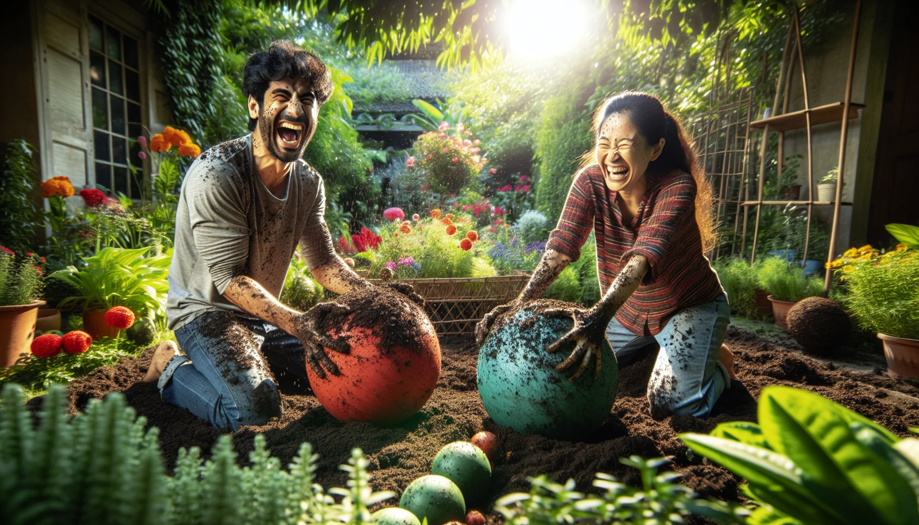 A humorous and engaging scene unfolding in a lush garden. A South Asian man and a Hispanic woman are laughing together as they grapple with the creation of large garden spheres. They're covered in soil and leaves, clearly having a splendid time. Their creations, both intentional and unintentional, are scattered around the garden, some wobbly and misshapen, others perfectly round. Sunlight filters through the trees, highlighting the red, blue and green spheres. The garden itself is vibrant and bursting with variety, from colorful flowers to lush green plants, making the scene inviting and nurturing a love for gardening.