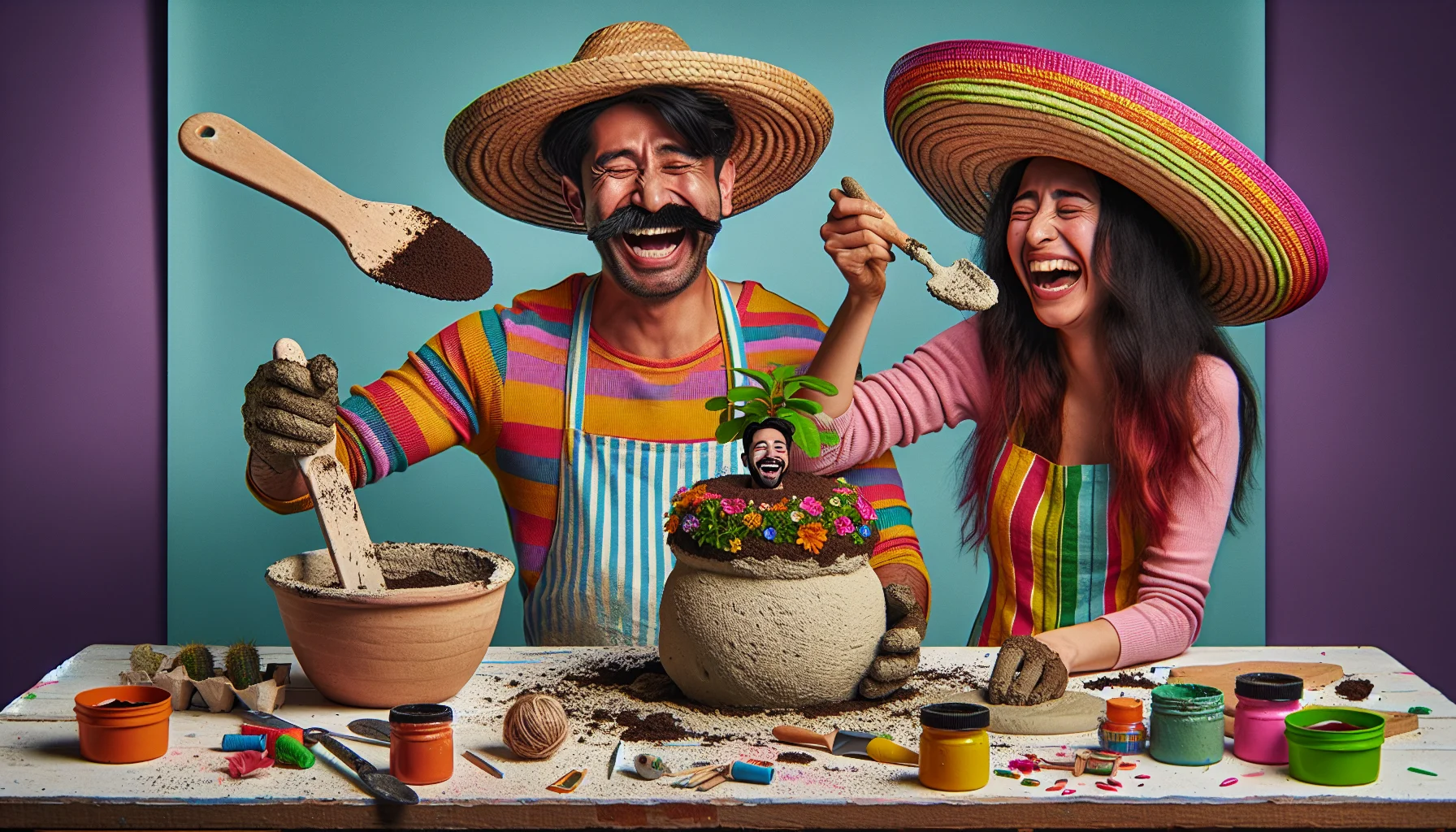 Create a humorous and quirky scene of gardening enthusiasts carefully crafting Hypertufa Planters. Envision a male gardener of South Asian descent, wearing a straw hat and bright stripes, comically having a tiny plant growing out of his hat. On the other side, picture a Hispanic female gardener laughing heartily while mixing the Hypertufa with an oversized wooden spoon. Make the atmosphere lively and colourful, with a mishap of seeds spilled over the table and an assortment of tools forgotten in unexpected places, such as a trowel stuck in a pot of paint, promoting the fun side of gardening.