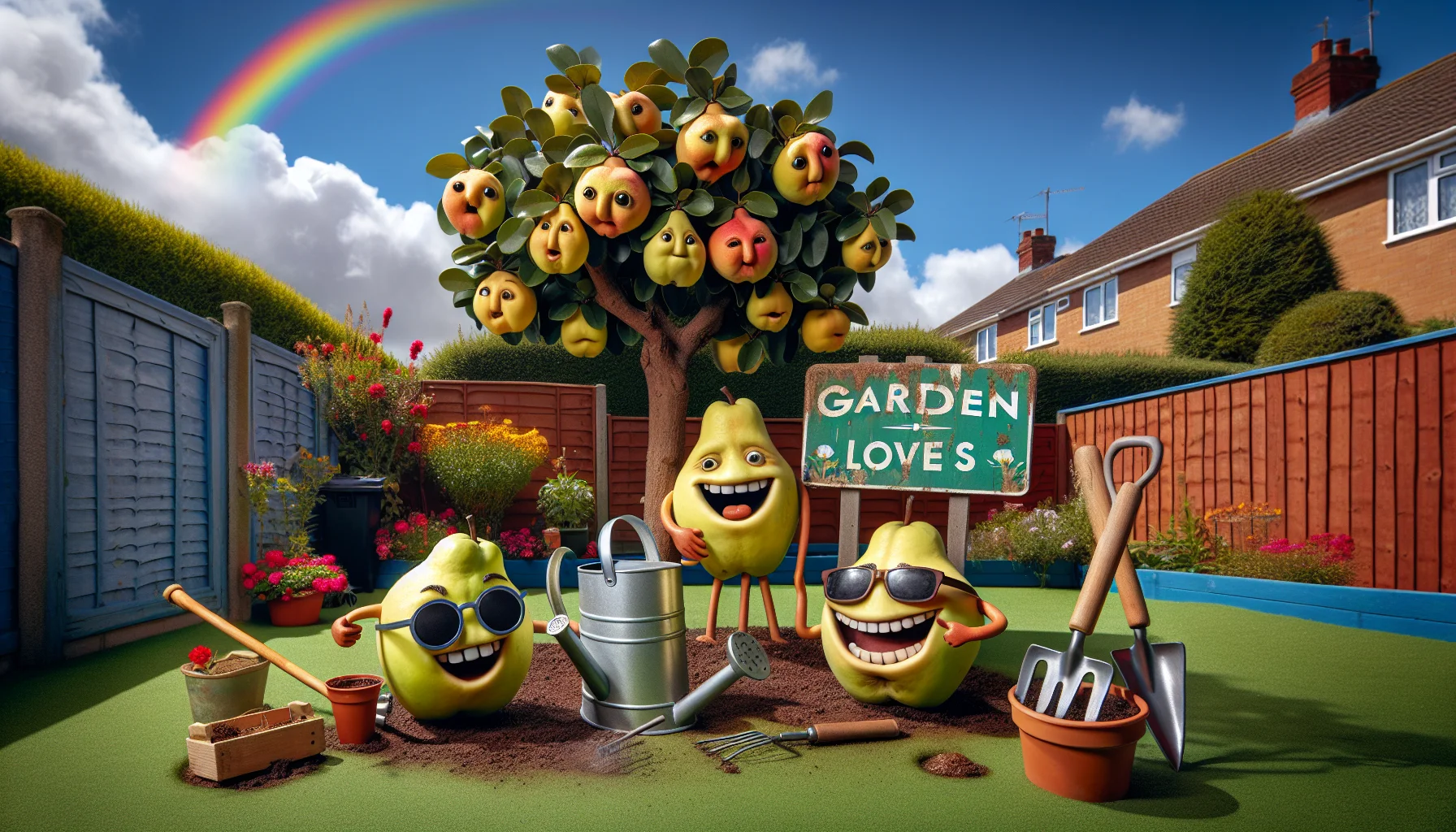 Imagine a humorous scene that spotlights Cydonia oblonga (commonly known as the quince tree). In this lighthearted setup, the tree displays facial expressions with roller shades and eyes on their fruits. They're engaging in a jovial conversation with an animated, life-sized gardening trowel and a watering can, both nex to a soiled 'GARDEN LOVERS' sign. The background is a typical suburban backyard with immaculate green lawns, bright flowers in bloom, and a fence. A rainbow arches across the sunny blue sky, and a cheeky gnome with a wide grin gives a thumbs-up from the corner. Let this portrayal inspire the joy of gardening.