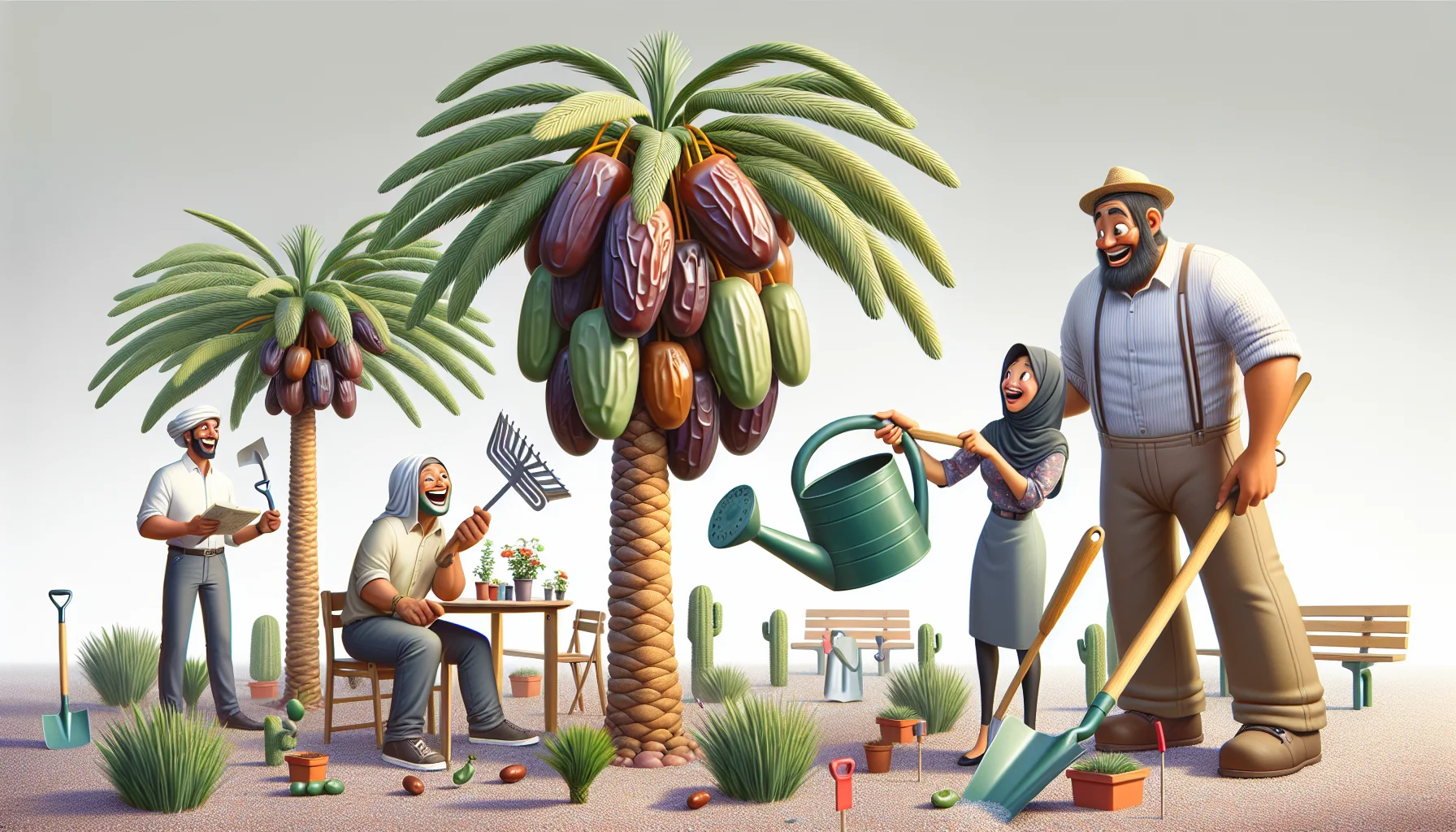Create a whimsical, yet realistic scene that portrays date palm trees in a humorous garden setting. Visualize an adult male Hispanic landscaper in the process of giving water to date palm trees using an oversized watering can, while a mature, Black female gardener laughs nearby, holding a gargantuan garden trowel. She is having a friendly conversation with a tall, Middle Eastern male observer, who is surprisingly agape at the sight of a tree producing oversized dates. Amidst all these, have a young South Asian girl and a Caucasian boy observing joyfully, holding little gardening tools, thus inspiring people to take pleasure in gardening.