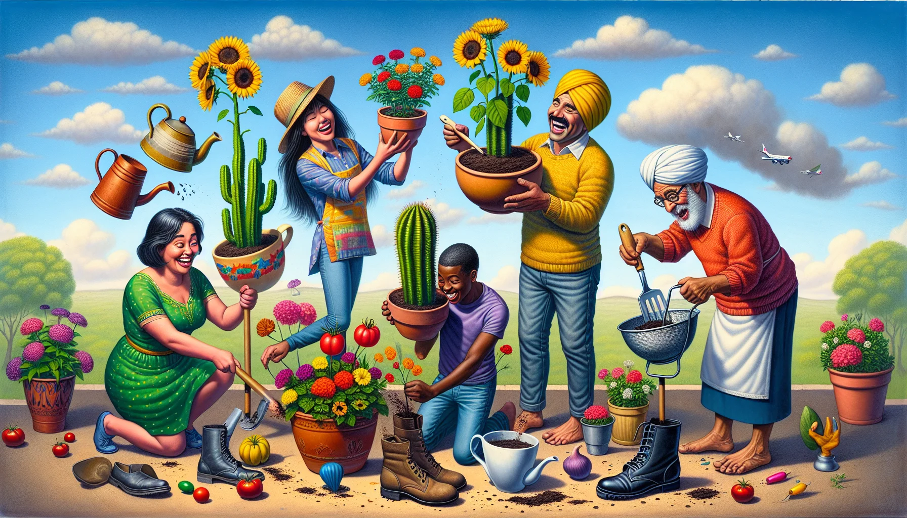 Create a hilarious and captivating piece of art representing a container gardening scene. Picture this: A cheerful Caucasian woman is bafflingly attempting to plant a cactus in a soup ladle, while an amused Hispanic man is planting sunflowers in old boots. A curious South Asian child is overflowing a teapot with marigolds, while a Black teenager fills a colander with vibrant pansies dubiously. A Middle-Eastern older gentleman is gingerly balancing a tomato plant in a football helmet. Let this not-so-conventional scenery serve as light-hearted design tips for container gardening, encouraging everyone to engage in this delightful hobby.