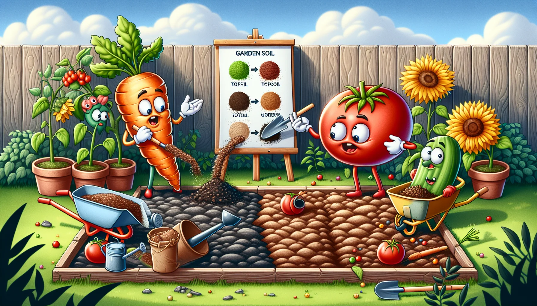 Create a fun, detailed image that illustrates the difference between topsoil and garden soil. Let's imagine a quirky scenario where an animated group of vegetables are preparing a garden bed. The carrot is shovelling topsoil on one side while the tomato is sprinkling garden soil on the other side. They can be seen goofily comparing the contents of their soils, wearing confused expressions. A playful sunflower as the teacher uses a chart to explain soil properties. The surrounding area is lush with plants, a wheelbarrow filled with soil and gardening tools leaning against a rustic fence. This image is meant to inspire people to love gardening.