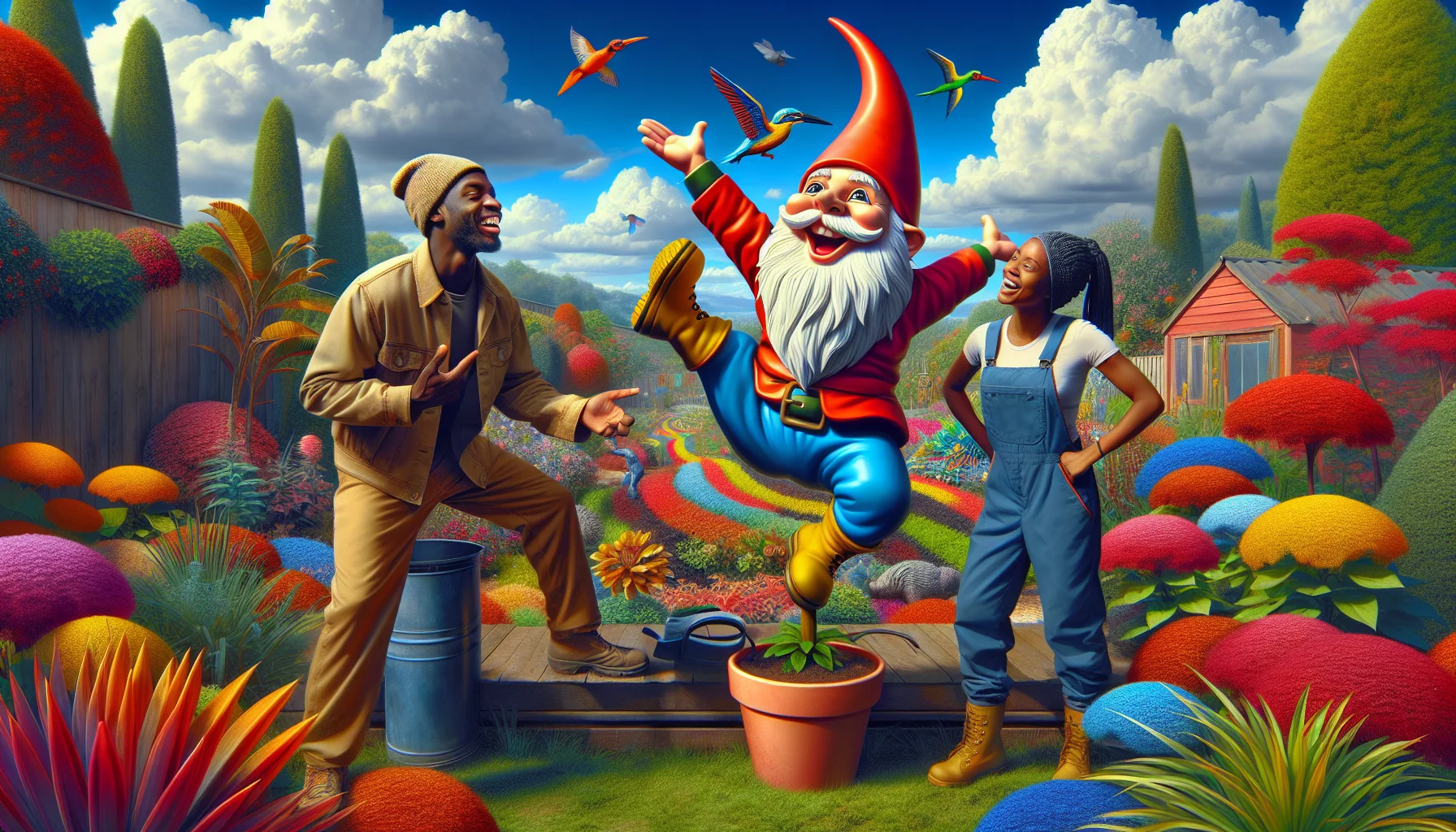 Generate a detailed and realistic image that represents a humorous scene centered around Unique Garden Art. This situation could feature a South Asian man and a Black woman, both wearing gardening attire, laughing and pointing at a vibrant gnome with an oversized hat. The gnome could be striking a funny, unexpected pose, such as doing a handstand, which would evoke amusement and illustrate the unexpected joy that can come from gardening and exploring garden art. The background should be filled with a lush environment teeming with a diverse range of colorful, blooming plants, and the sky above filled with fluffy white clouds that accentuate the happy, light-hearted atmosphere.