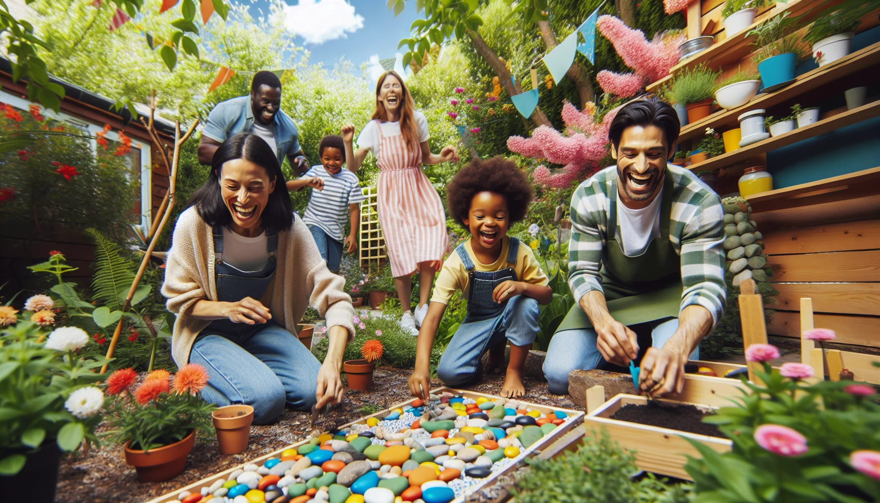 Imagine an amusement-filled scene taking place in the backyard garden. Amidst the vibrant green foliage and the blossoming flowers, a diverse group of people is indulging in a delightful DIY project. There's a black man eagerly laying down colorful garden stones, a Hispanic woman creatively designing a pattern with the stones, and a Caucasian child gleefully hopping from one stone to another. The atmosphere is full of joy and laughter that is contagious enough to make anyone fall in love with gardening.