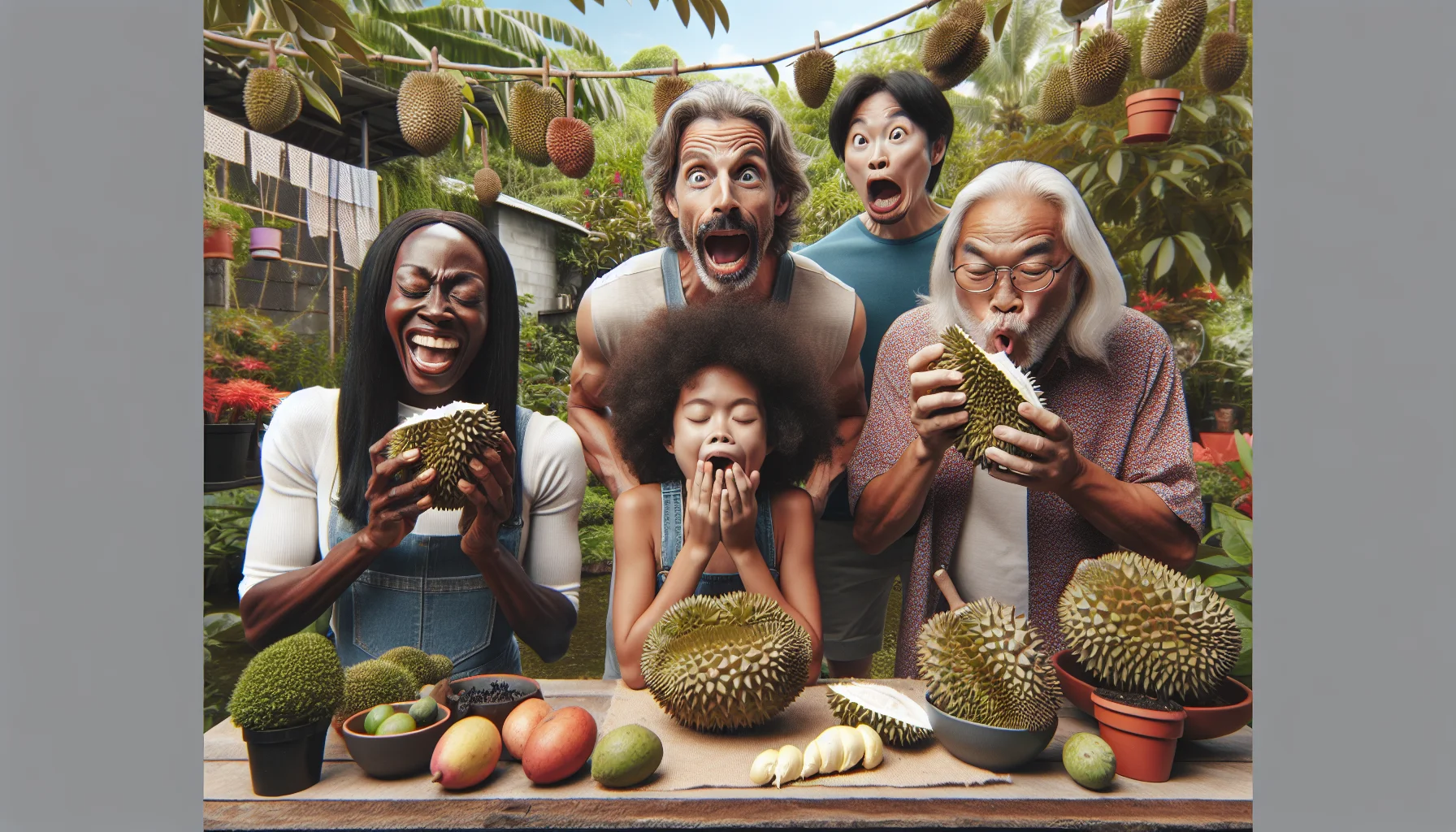 Imagine an amusing garden scene where a group of diverse individuals are tasting durian for the first time. Directly in the center, an African-American woman is seen excitedly opening the spiky fruit, her eyes twinkling with anticipation, while a middle-aged Caucasian man to her right is animatedly holding his nose, making a face. To the left, a young South Asian boy is bravely attempting a taste, his expression filled with trepidation yet determination. The backdrop includes luscious greenery, neatly arranged plants, and a flourishing durian tree. The mood of the scene overall is cheerful, inviting, and promotes the joy of gardening and trying new tastes.