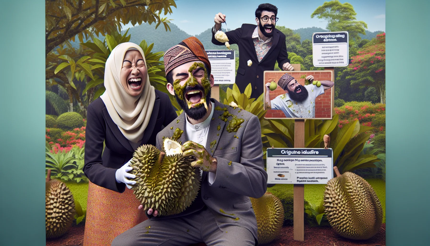 Imagine a humorous and engaging scene set in a lush garden. A Middle Eastern woman and a Caucasian man are laughing as they try to open a large stinky durian fruit and the man seems to have gotten it all over his face. Their expressions are playful and full of mirth. There are signs posted in the garden displaying the benefits of planting and eating durians such as its high nutritional value and potential health benefits. The scene aims to entice onlookers to take up gardening and enjoy the quirky advantages of nature's bounties.