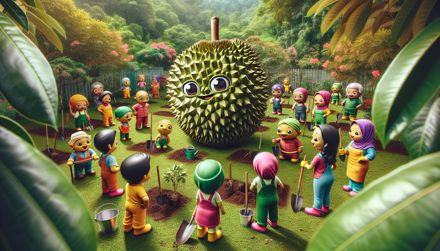 Generate a vibrant image of a comical scenario situated in a lush, well-maintained garden. The centerpiece is the Durian, the national fruit known for its distinct aroma and thorny exterior. This fruit is anthropomorphized, with expressive eyes and a friendly smile, inviting all passersby to partake in the gardening activities. The scene is filled with other characters of various descents and genders, from children to adults, all participating in gardening while wearing bright-colored gardening outfits and gloves, curiously eyeing the Durian. Their reactions range from amusement to surprise, creating an intriguing narrative about gardening.