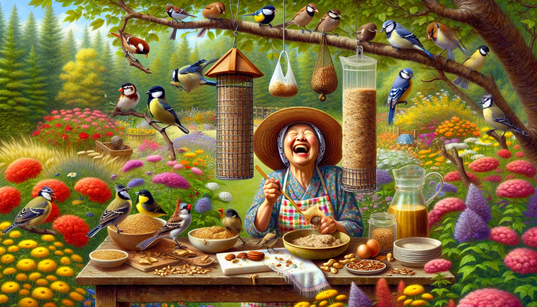 Generate an amusing and realistic scene dedicated to Easy Bird Suet Recipes. The scene includes an outdoor garden setting with a multitude of colorful flowers and plants. The focal point is a suet feeder hanging from a tree branch teeming with chirping birds of various species such as sparrows, finches, and bluejays. Near the feeder, a whimsical sight of a South Asian woman wearing a gardener's hat and apron, laughing as she prepares more suet mix with ingredients like seeds, nuts, and lard spread out on a wooden table next to her. This joyful image invites people to experience the pleasure of gardening and bird-feeding.
