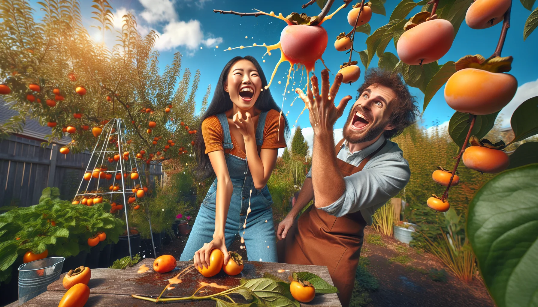 Imagine an outdoor gardening scenario under a clear blue sky. In the center of the scene, an Asian woman and a White man are wonderfully engaged in gardening. Suddenly, they discover a ripe, tangerine-colored persimmon hanging from a tree branch. The woman reaches out, plucks the fruit, and takes a big, juicy bite with gusto. The juice splatters everywhere causing them to laugh uproariously. The radiant smile on their faces highlights the joy gardening brings and the added delight of enjoying fresh produce right from the tree. The background shows an array of different plants, highlighting the beauty of nature's bounty.