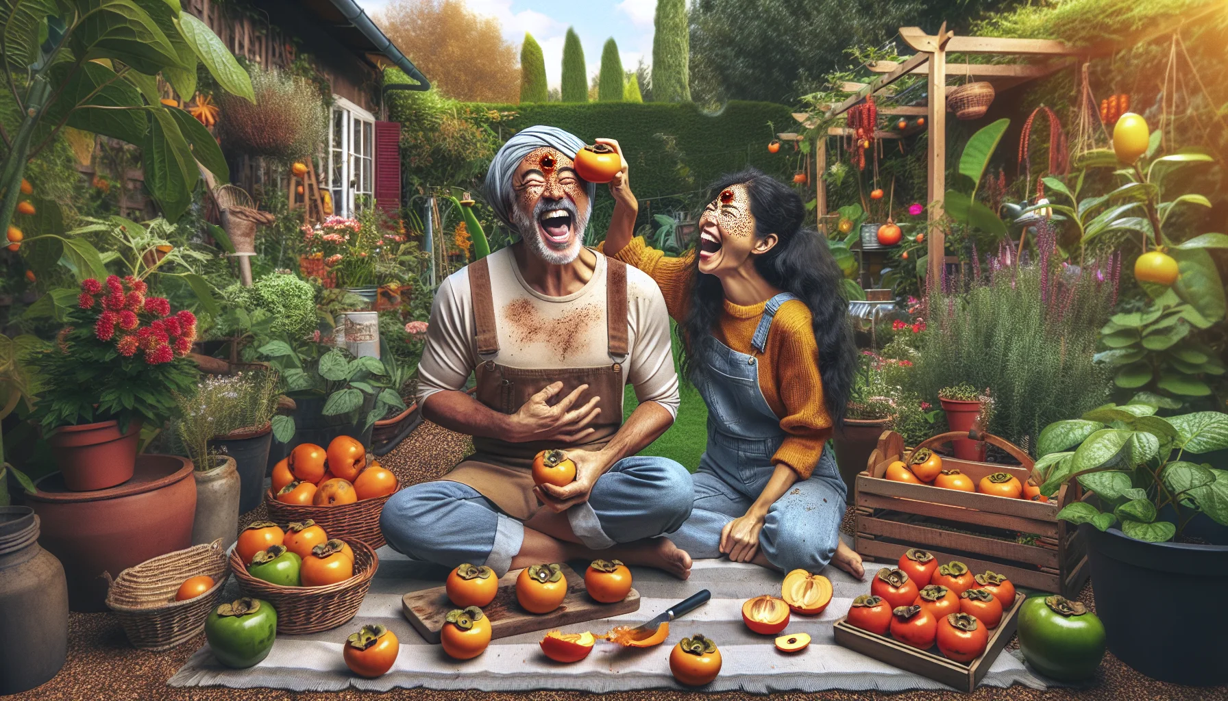 Imagine a hilarious scene happening in an idyllic backyard garden. A South Asian man and a Middle-Eastern woman are in the garden, laughing heartily while partaking in the kooky task of eating juicy, ripe persimmons. The man has a persimmon half stuck to his forehead, pretending it's a third eye, while the woman has bitten into a persimmon and has juice splattering all over her face like a freckled pattern. Around them, lush plants, blooming flowers, and distinctly charming garden accessories emphasize the rewarding experience of gardening. The scene should exude an infectious joy that invites viewers to try gardening for fun and fresh produce.