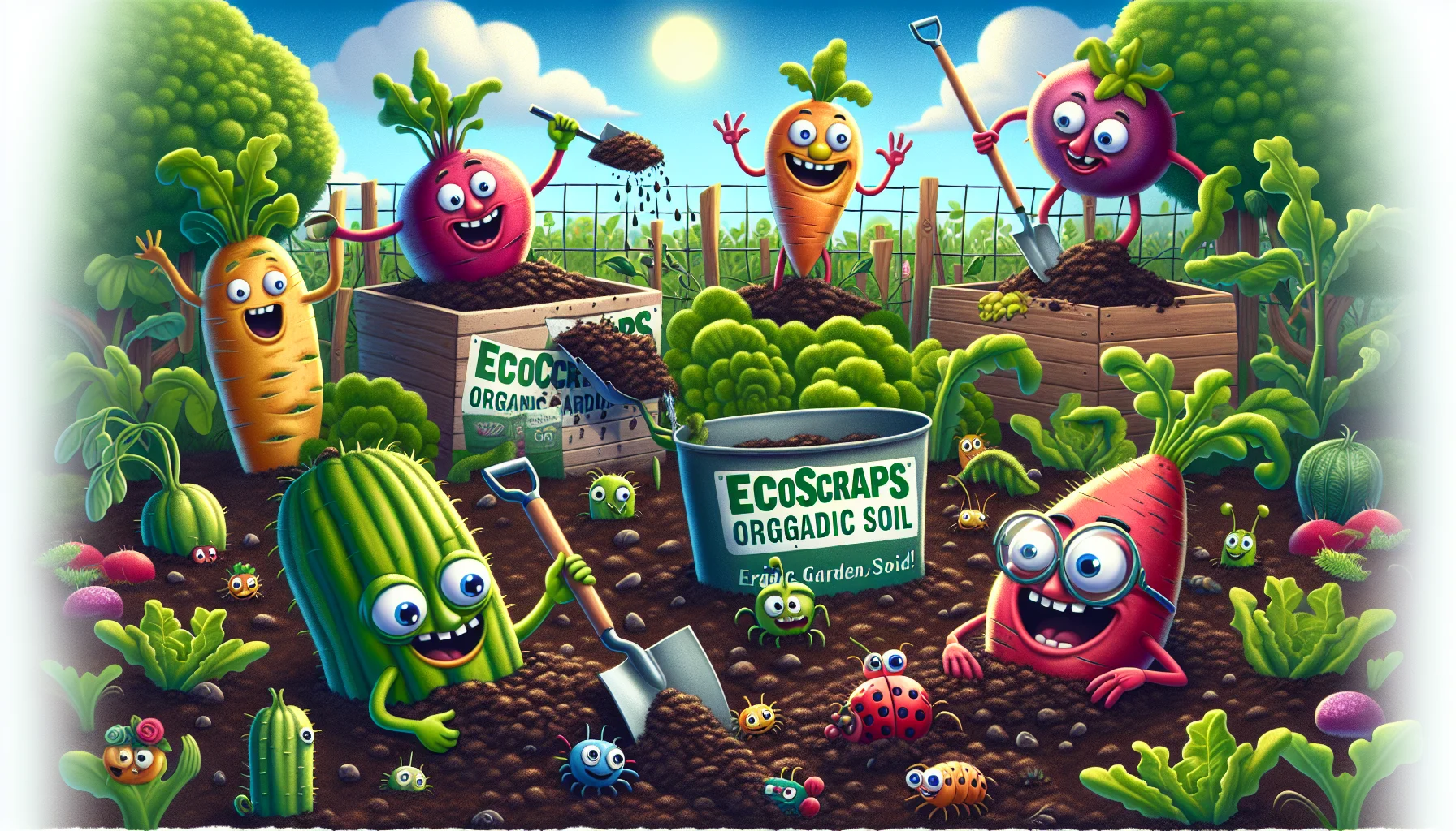 An amusing scene featuring Ecoscraps Organic Garden Soil. Picture a vibrant, lush garden teeming with eccentric, oversized vegetables that have quirky, anthropomorphic faces. They are joyously 'working' in the garden, tending to the smaller plants, watering them, and excitedly shoveling the rich, dark Ecoscraps Organic Garden Soil. Delightfully bizarre bugs like a caterpillar with reading glasses are buried up to their necks in the soil, seemingly enjoying a 'soil spa'. This fun-filled scene encourages the joys of gardening in an unusually delightful way.