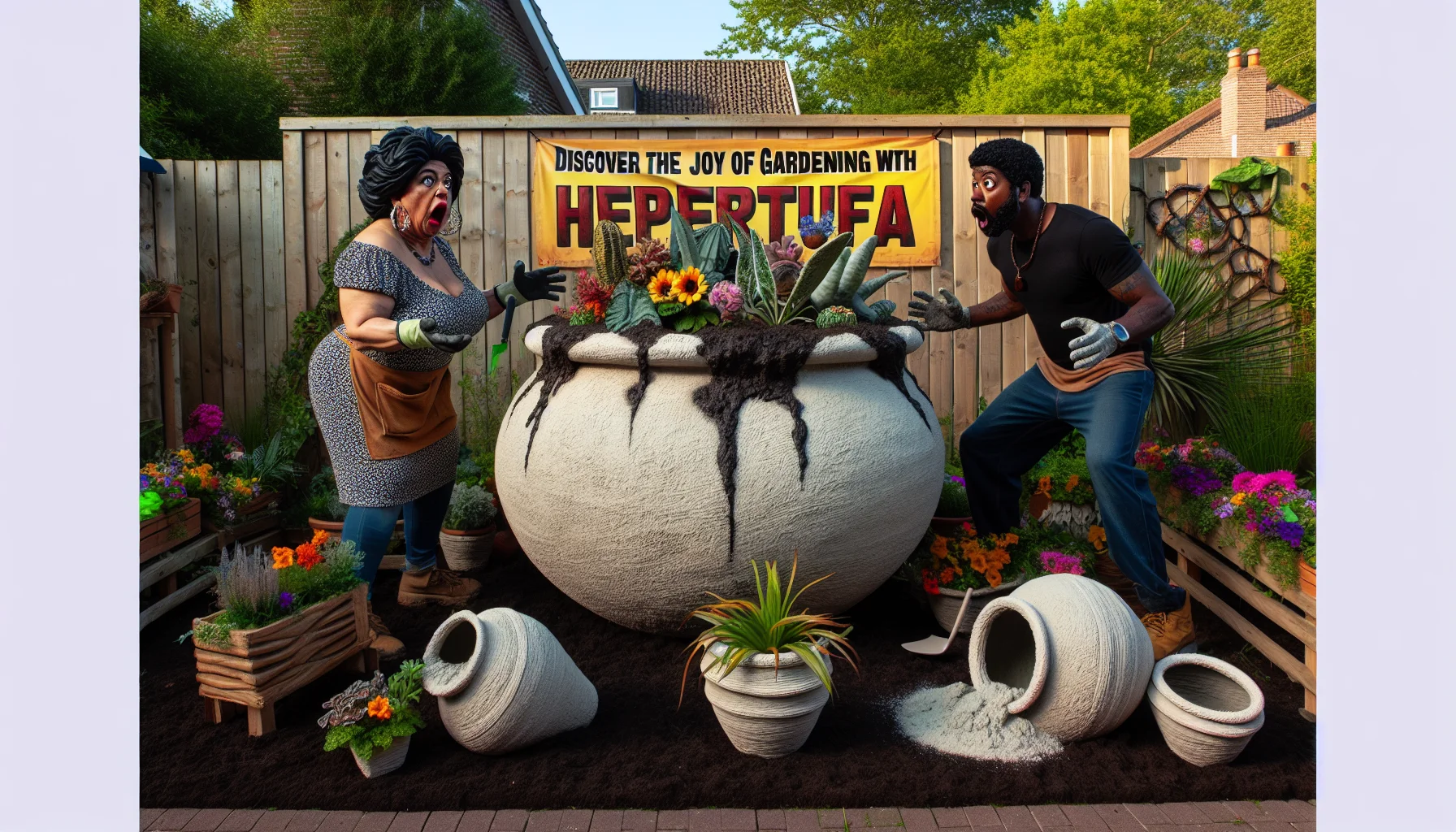 An enticing and humorous scene related to the exploration of Hypertufa. The setting is an outdoor garden bathed in afternoon sunlight. A Hispanic woman with well-used gardening tools is knee-deep in a Hypertufa plant bed full of exotic plants, while a Black man stands next to a gigantic home-made Hypertufa plant pot that's about to tip over. The face of both individuals exhibit a mix of shock and amusement. An assortment of Hypertufa pots with varying shapes and sizes lay scattered around them, some overflowing with vibrant flowers. A large banner in the background reads: 'Discover The Joy of Gardening With Hypertufa'.