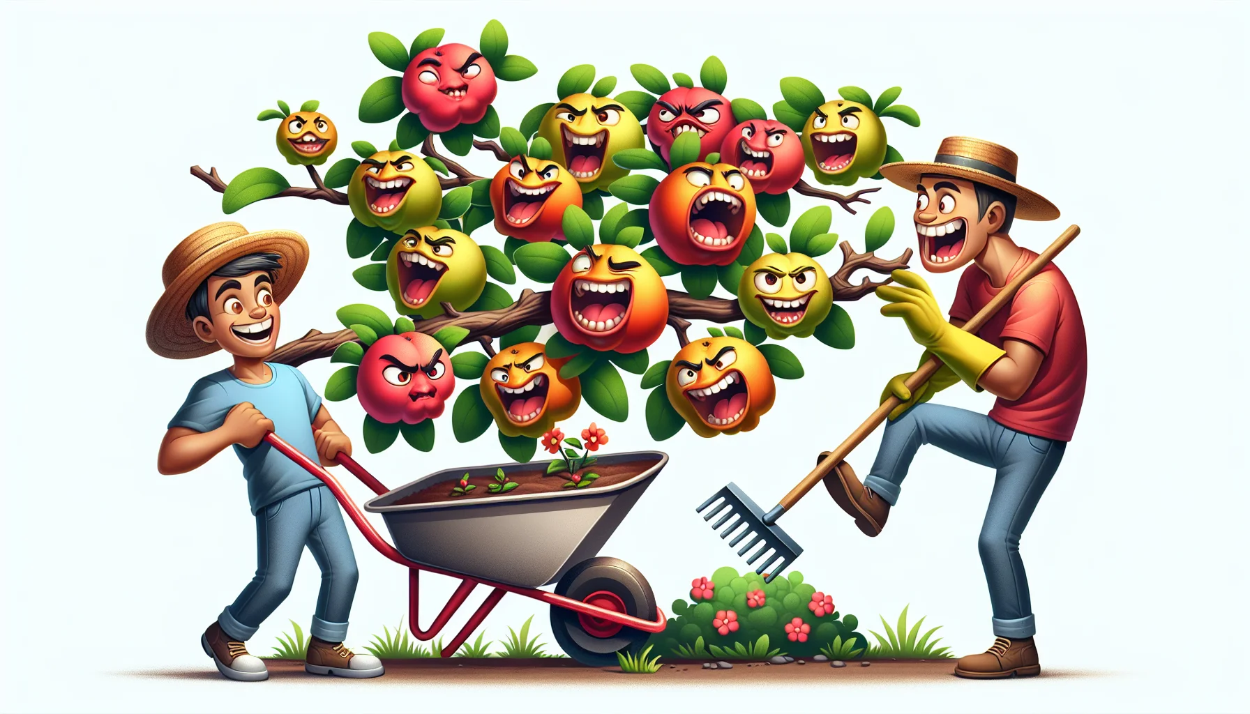 Create an image showcasing a branch heavy with ripe flowering quince fruits perched comically off the side of a garden wheelbarrow. The fruits appear comically animated with vibrant colors and exaggeratedly plump shapes, as if jovially enticing viewers. A cheerful young Hispanic man is tugging at the branch lightly, his eyes wide with mock surprise. He is appropriately dressed for gardening, wearing a straw hat, protective gloves, and a garden apron. A Black woman is laughing heartily, holding a rake in her hand as she stands near a flourishing garden bed in the background. This image exudes a joyful scene encouraging an interest in gardening.
